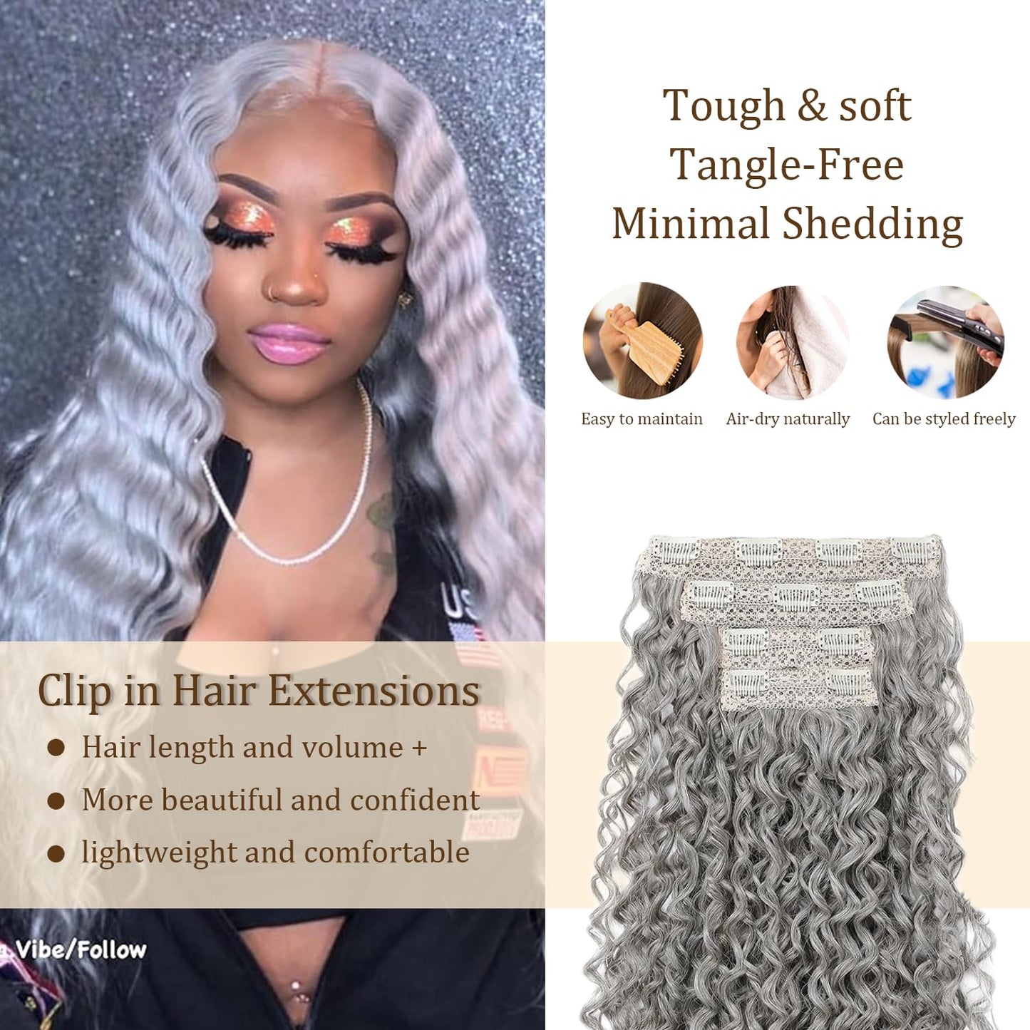Grey Clip in Hair Extensions Real Human Hair,28 Inch 120g/7Pcs,Full Shine Sliver Remy Human Hair,Gray Deep Wave Clip ins Brazilian Virgin Human Hair Extensions
