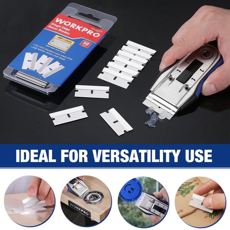WORKPRO 50-Pack Single Razor Edge Blades, Industrial Scraper Razor Blades, High Carbon Steel One Edge Razor Blades