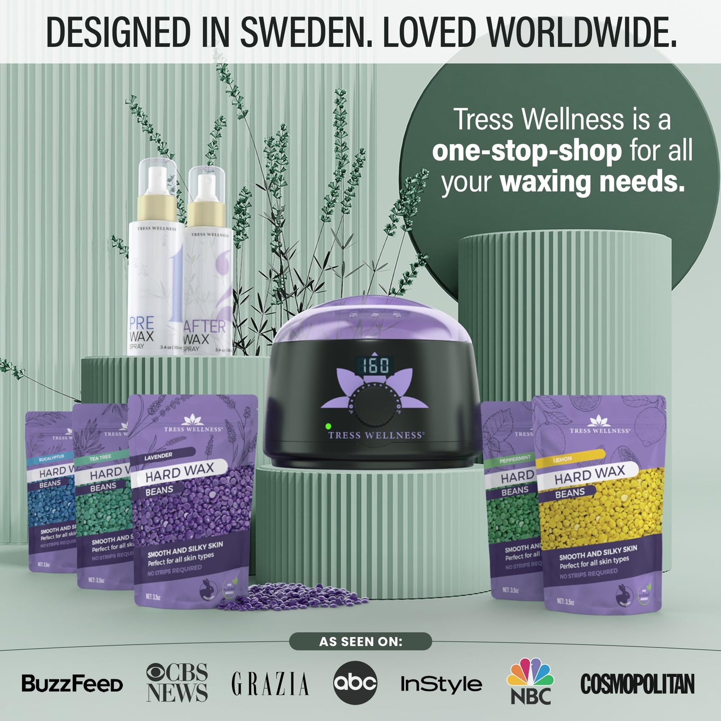 Tress Wellness Award Winning Waxing Kit for Sensitive Skin – Safe for Face & Skin, Easy to Use – At-Home Kit for Face, Bikini, Brazilian & Full Body - Digital Display, Green Mountain