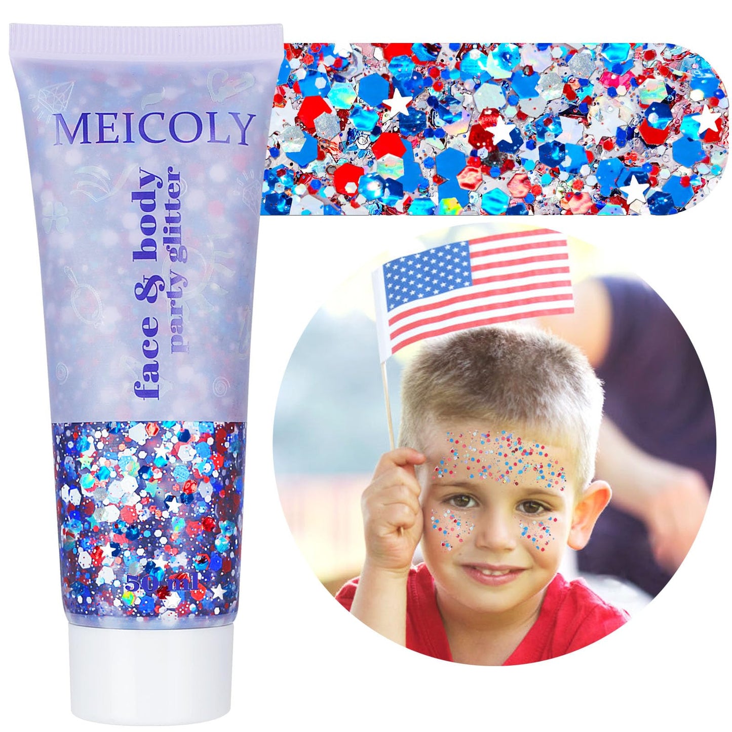 MEICOLY Red White and Blue Face Glitter,4th of July Patriotic Accessories,Star Hair Glitter for Kids,4th of July Outfits for Women,Self-Adhesive Body Glitter for President's Day Veterans Day