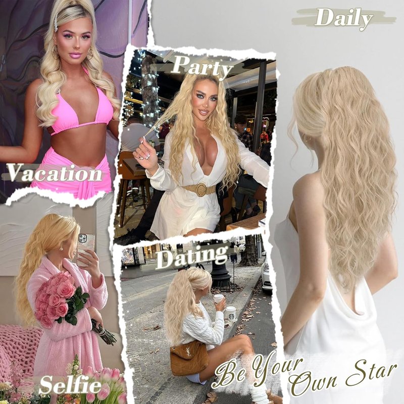 Blonde Ponytail Extensions - 26 Inch Curly Wavy Drawstring Hairpiece for Women | Light Blonde Mixed