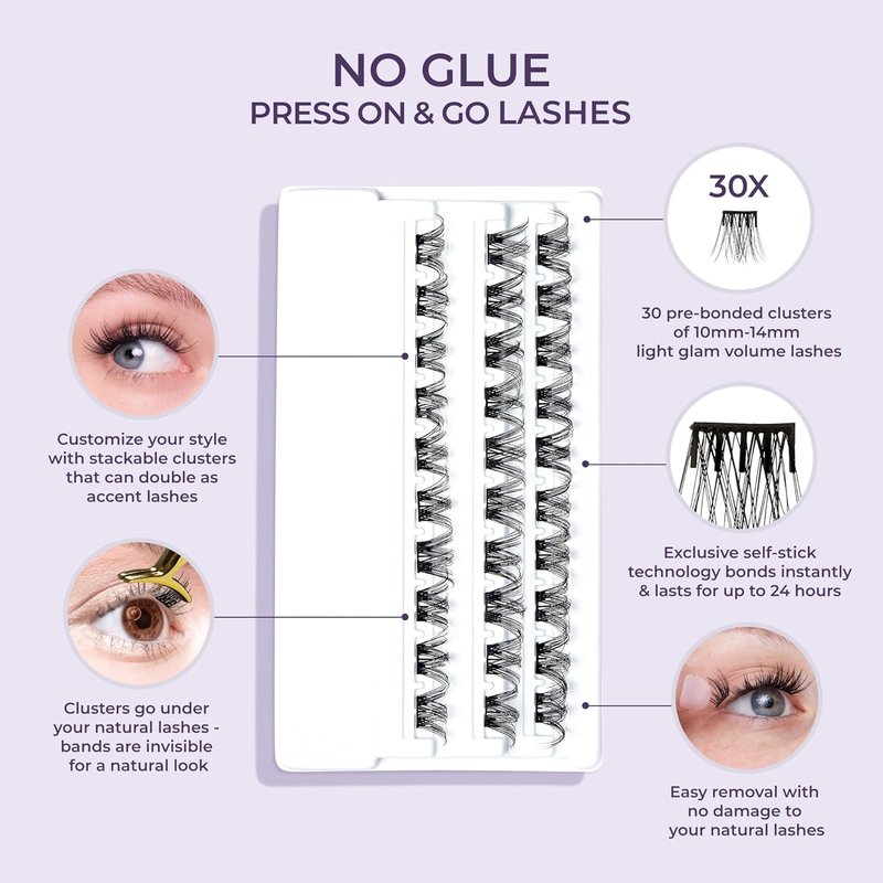 Impress False Eyelashes - Curly Lash Clusters, 10mm-14mm | 30 Reusable, Contact Lens Friendly