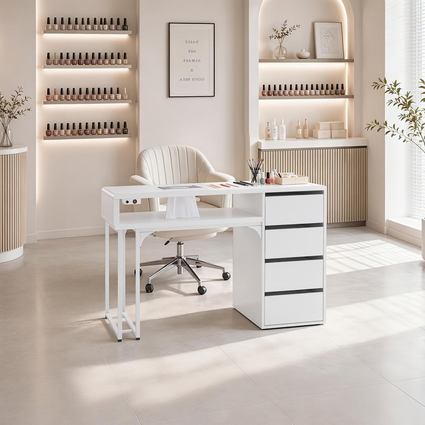 BarberPub Manicure Storage Desk with 60W Embedded Nail Vacuum Cleaner, Square-Shape Nail Dust Collector Manicure Workstation, Professional Beauty Salon Equipment VC229 (White)