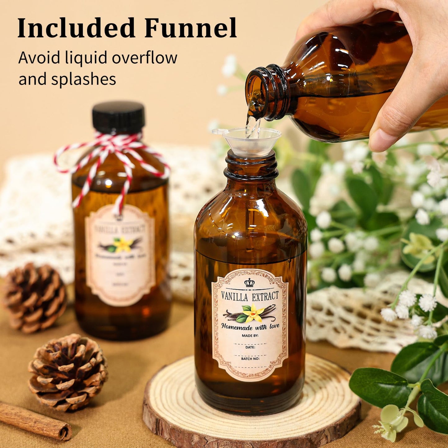 KEYWING 18 Pack 8oz Amber Glass Boston Round Bottles with Airtight Poly Cone Caps, Perfect Dispensing Bottles for Homemade Vanilla Extract, Syrups, Essential Oils, Holiday & Christmas Gift