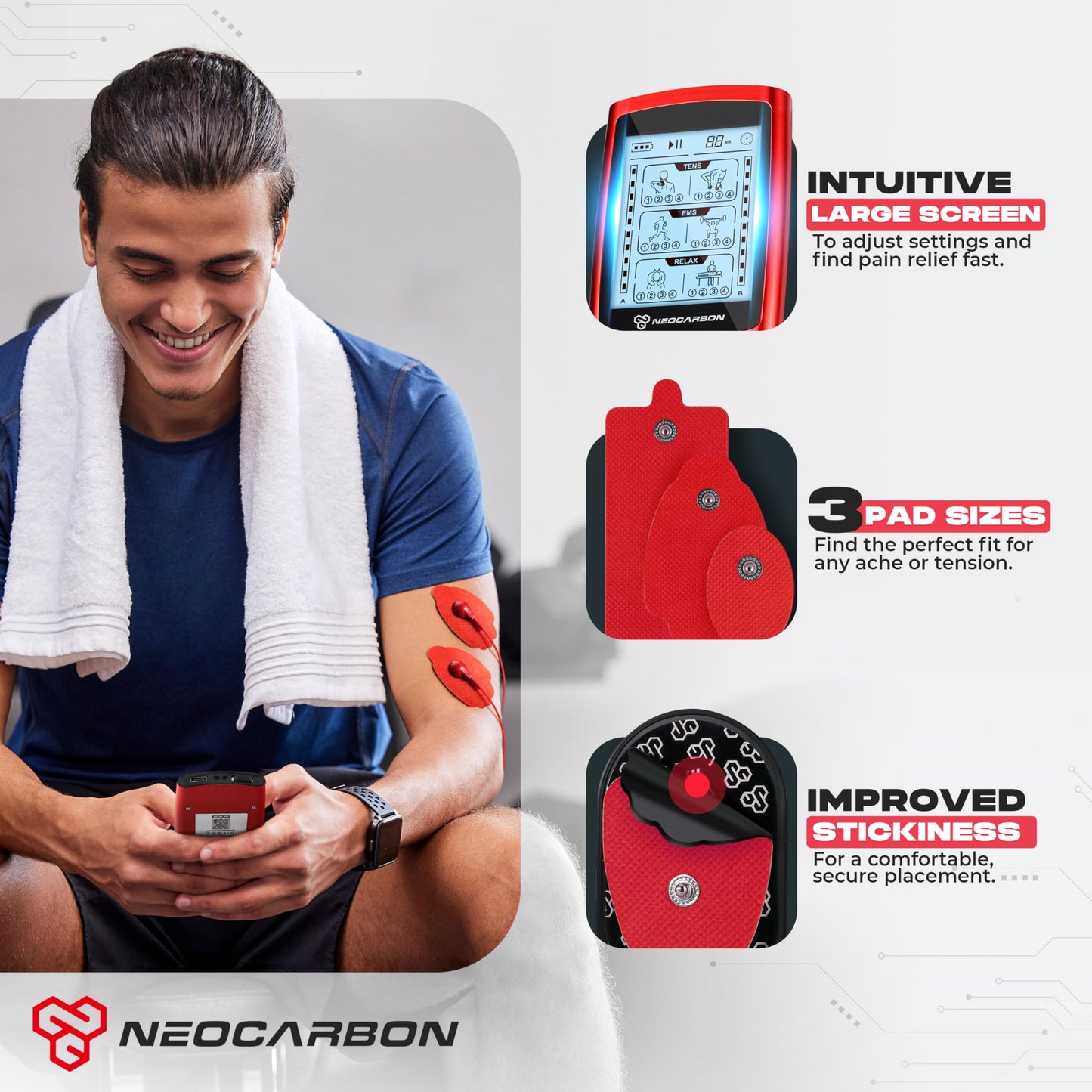 NEOCARBON TENS Unit Muscle Stimulator, Massager Machine for Shoulder, Neck, and Back Pain Relief, Electronic Pulse Massage Physical Therapy, Red
