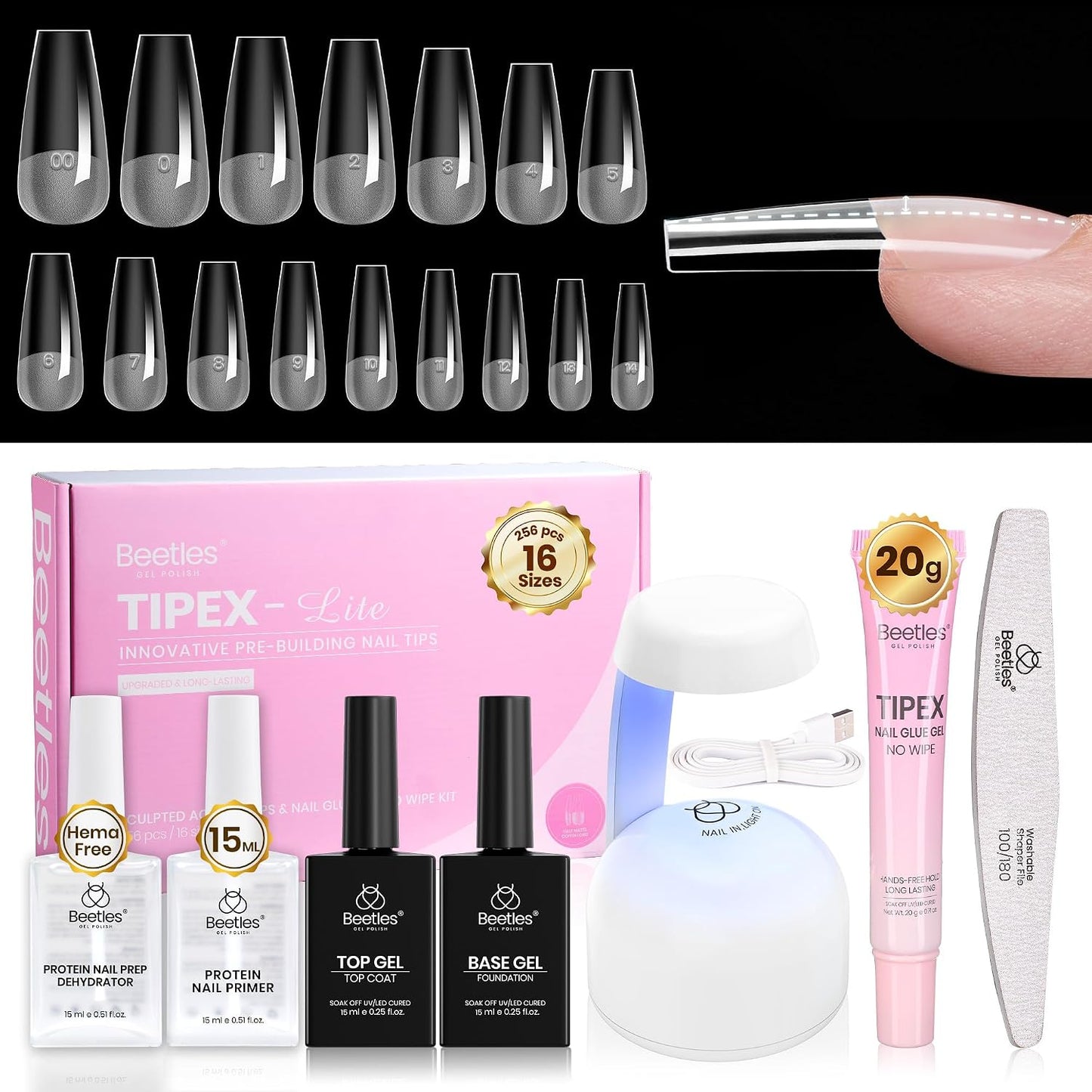 Beetles Tipex Lite Kit - All-in-One DIY Nail Art Set with Mini UV Lamp, 256PCS, Short Almond, 16 Sizes
