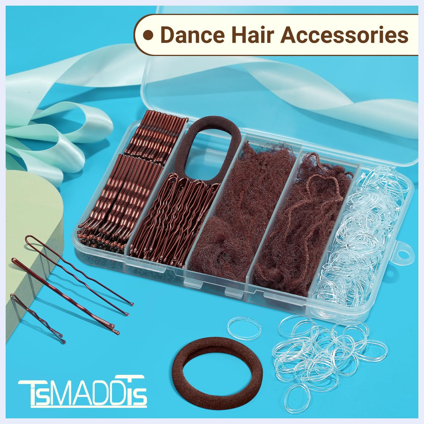 Bobby Pins and Hair Nets Set - Invisible Hair Accessories for Ballet Buns | U Pins, Elastic Bands, Clear Rubber Bands (11.81 & 19.86 in)