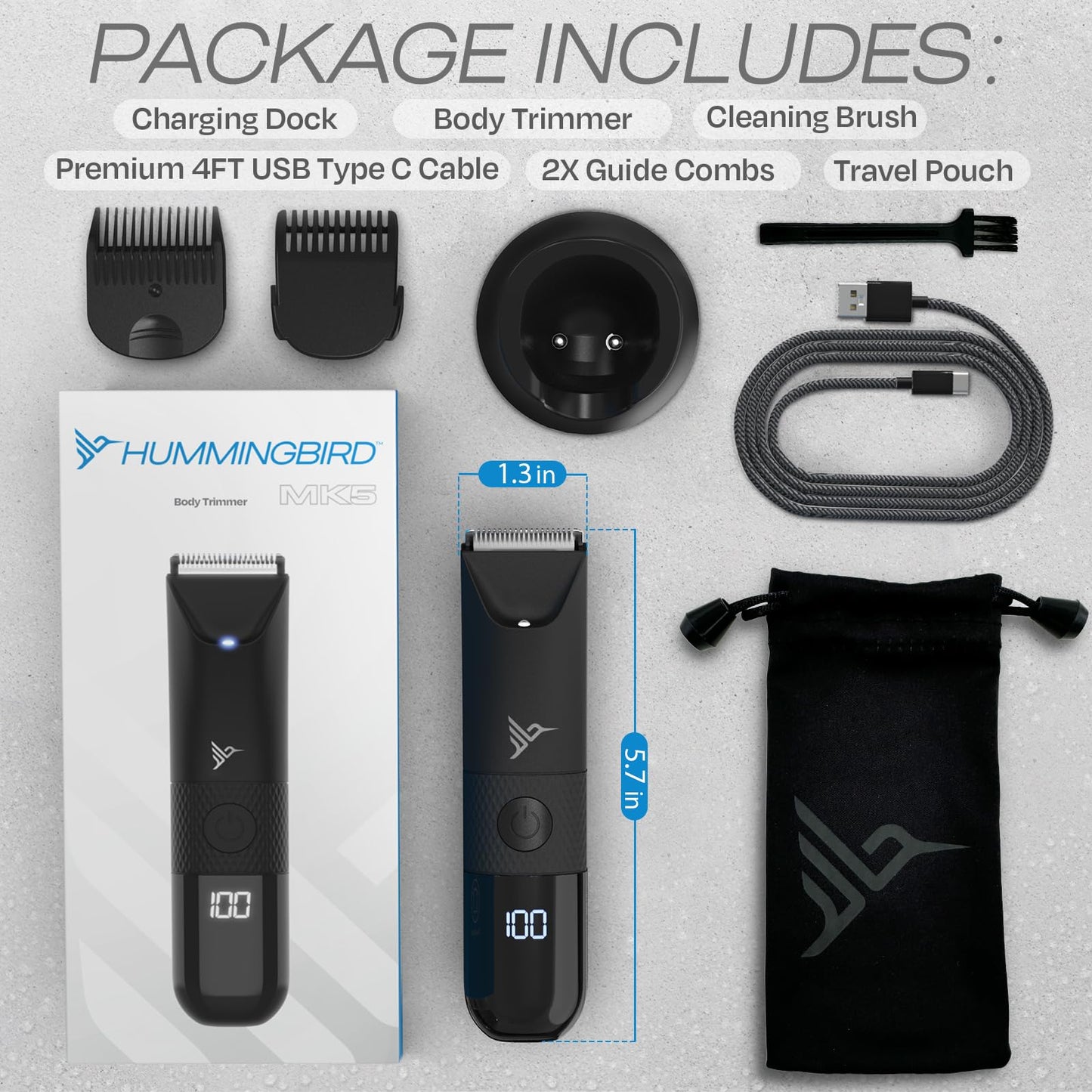 HUMMINGBIRD MK5 Pubic Hair Trimmer for Men – Ceramic Blade, No Nick, No Cut, Ball Trimmer, Waterproof, USB-C Rechargeable, LED Display, Charging Dock & Travel Pouch, Body Trimmer & Ball Shaver