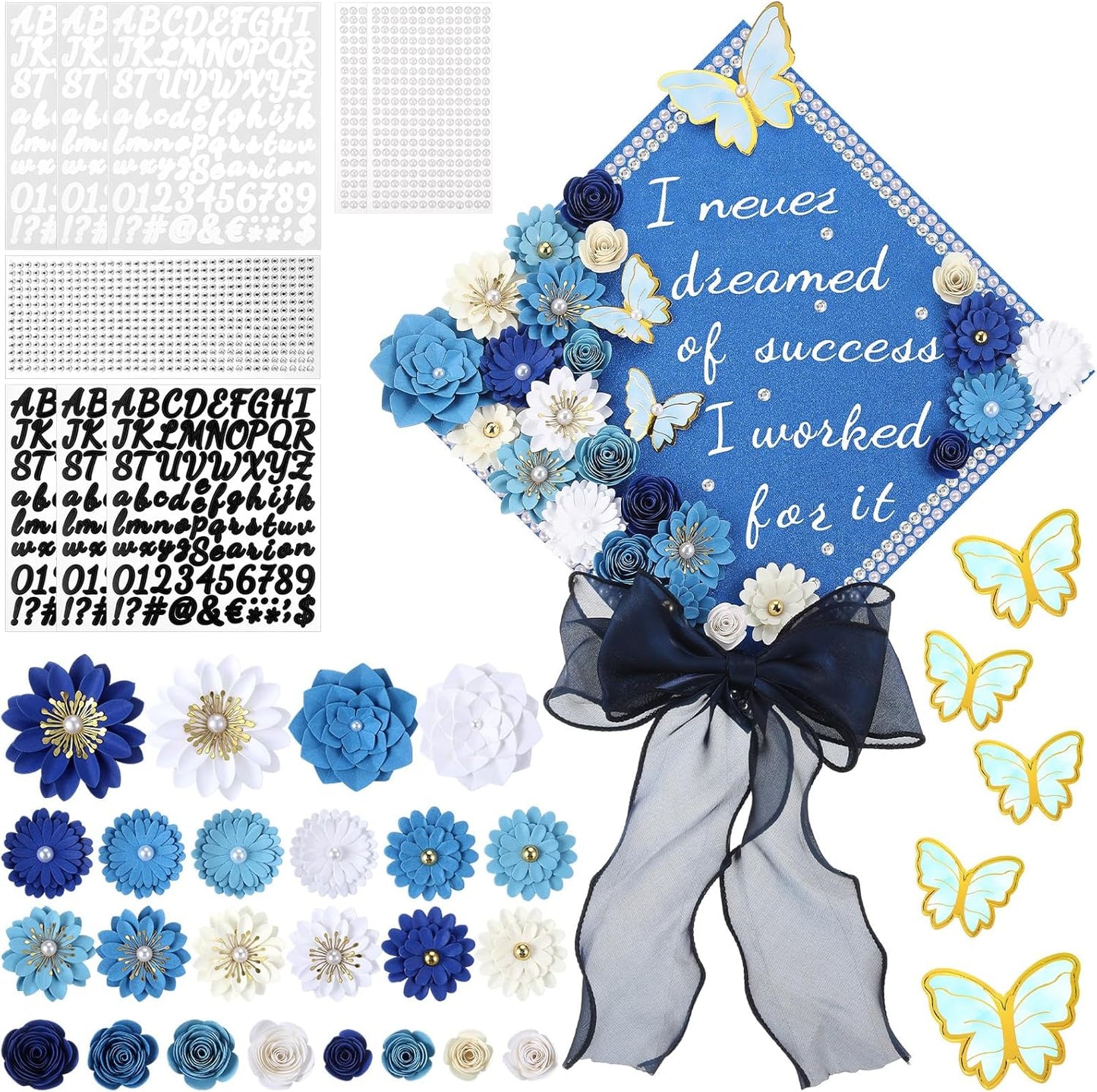 DIY Graduation Cap Decorations Kit - 46 Pcs with Paper Flowers, 3D Butterflies, Rhinestones & Ribbon Bow | Purple