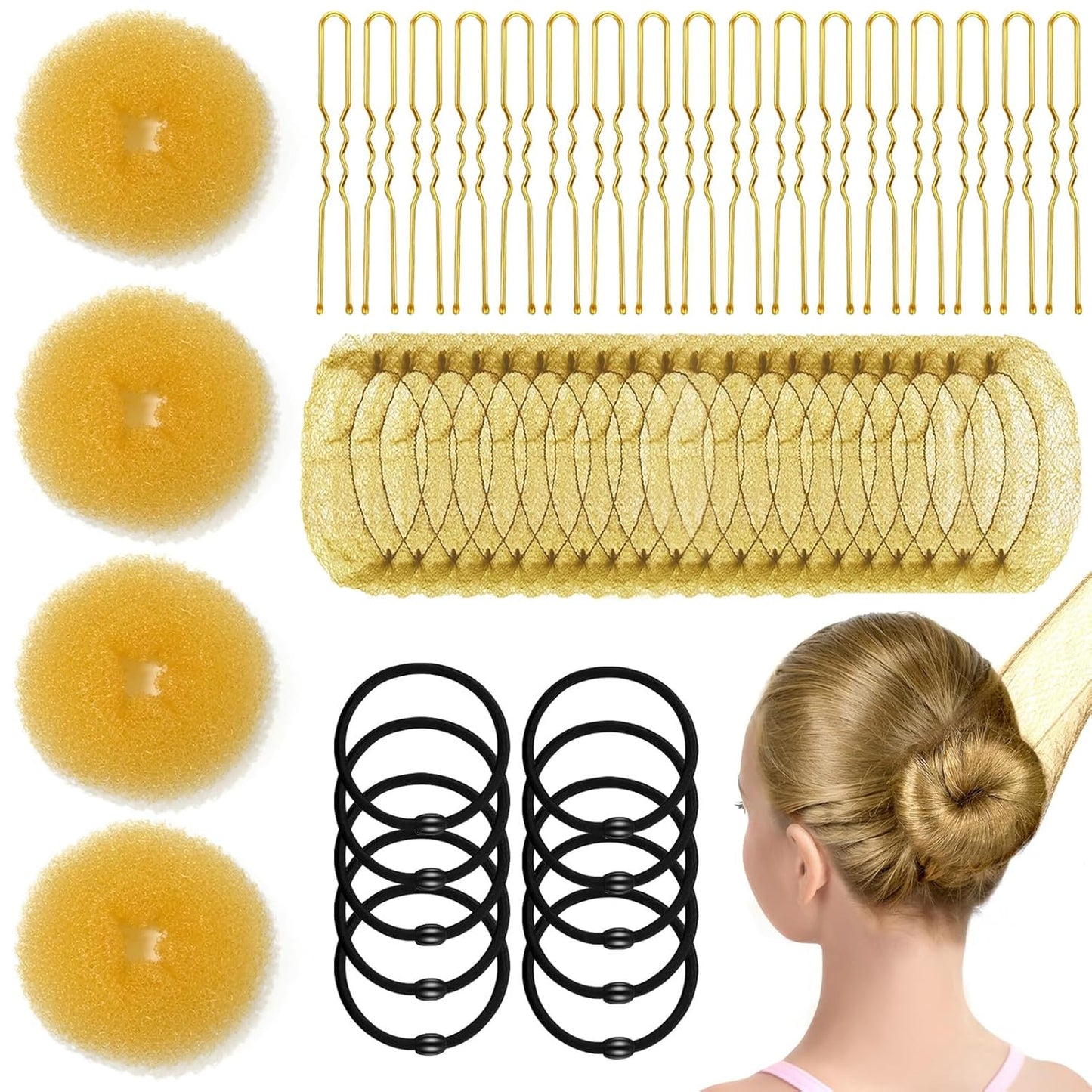 Hair Bun Maker Kit - 134 Pcs Set with 4 Bun Pieces, 20 Hair Nets, 100 Bobby Pins & 10 Hair Bands for Ballet Styling