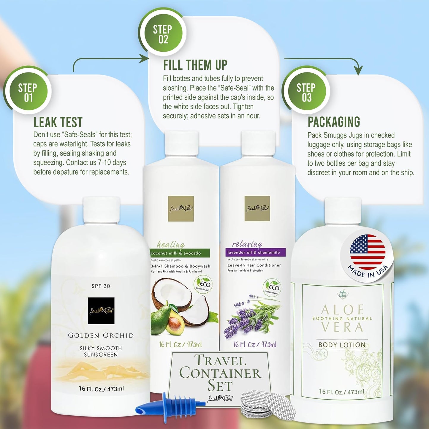 Smuggs Jugs Cruise Essentials: Hidden Liquor Containers Smuggling Kit, Leakproof Rum Runners for Cruise, 4-17.3 oz Bottles Hidden Flasks for Liquor Disguise Fake Shampoo Bottles for Travel