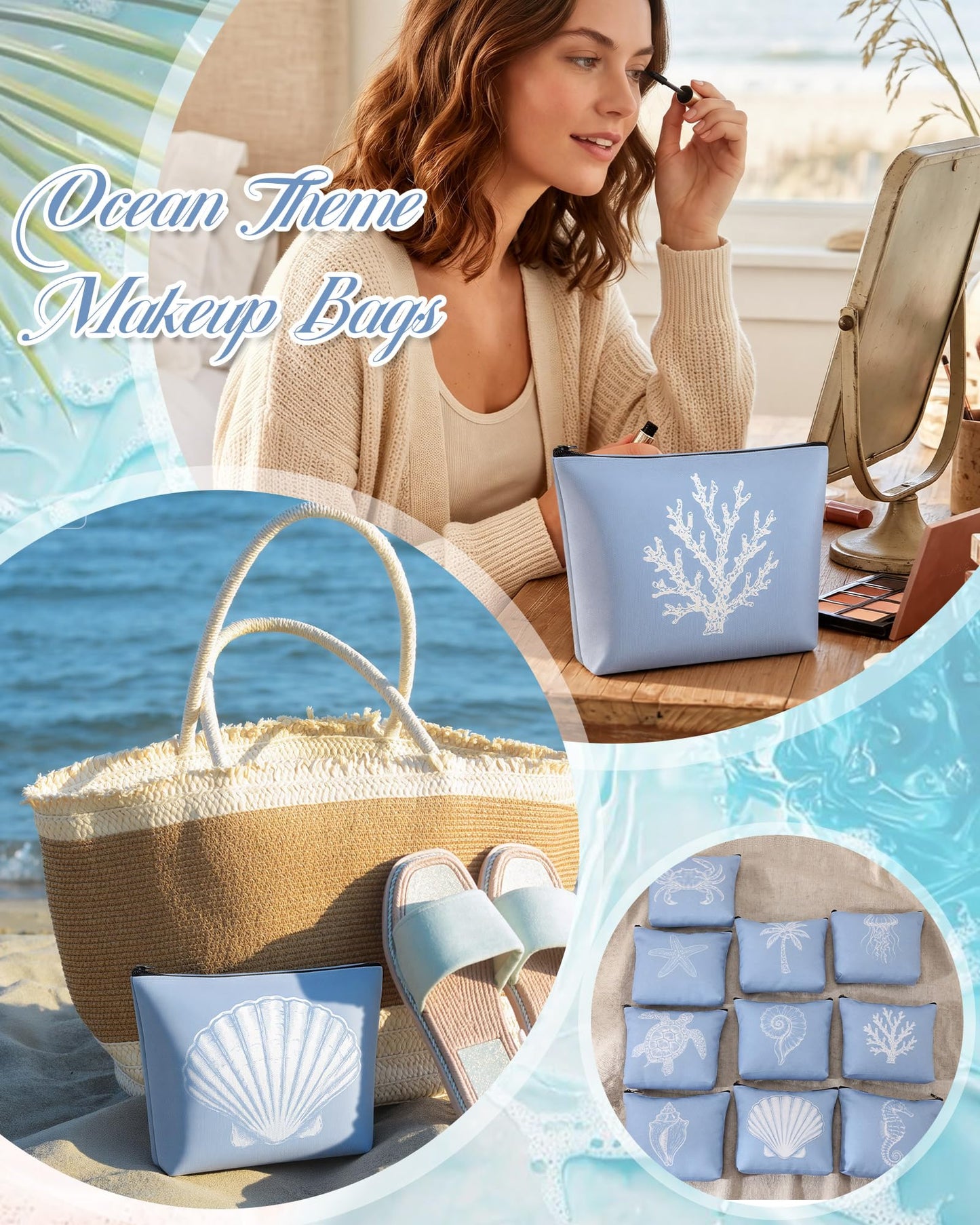 Bulyoou 10 Pcs Ocean Themed Blue Cosmetic Bags Bulk Zipper Pouch Makeup Bag for Women Girls Sea Weekend Travel Vacation Trip Gifts Supplies Nautical Party Favors Beach Accessories