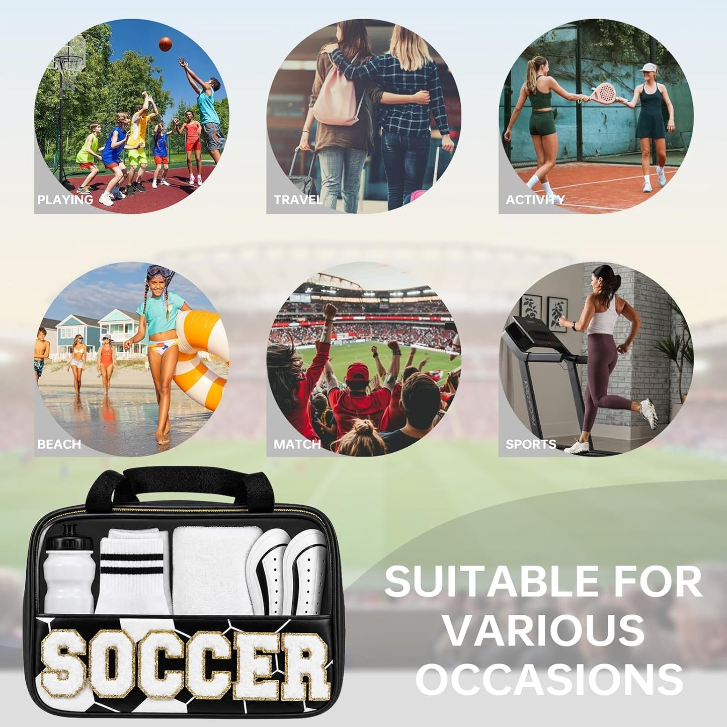 Clear Soccer Makeup Bag for Girls - Chenille Letter Design | Portable Travel Toiletry Pouch