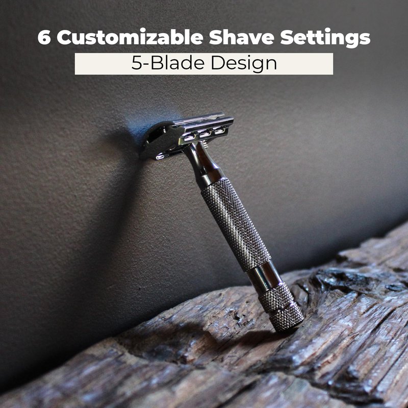 ROCKWELL RAZORS 2C Gunmetal Chrome Double Edge Safety Razor With Adjustable Shave Settings and 5 Fully Recyclable Razor Blades. Reusable Safety Razors for Men and Women