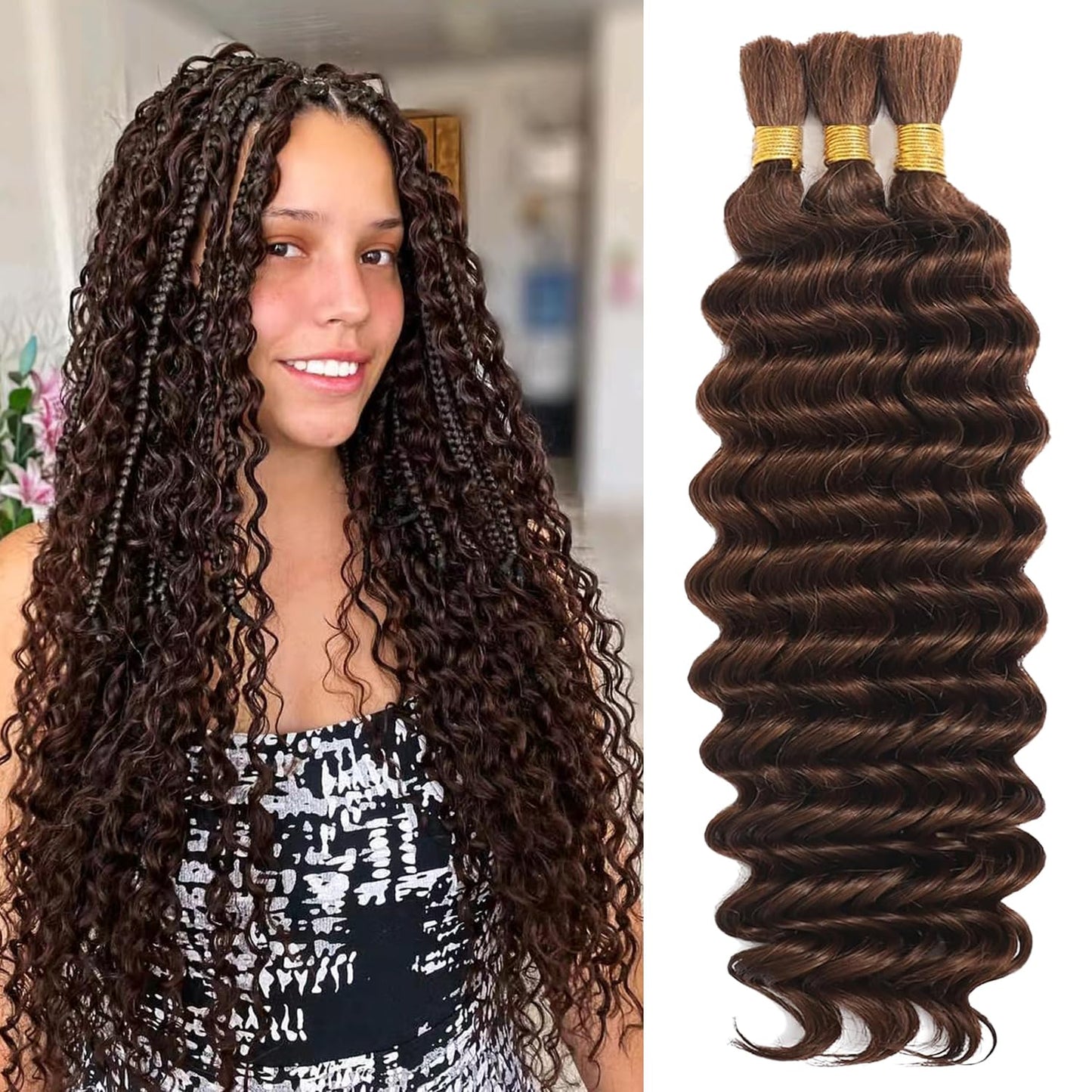 22 Inch Human Braiding Hair - Boho Deep Wave Bulk Brazilian Virgin Hair | 3 Bundles, 110g, Natural Color