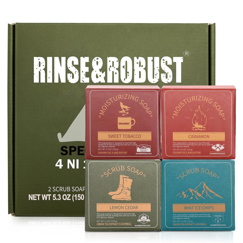 Rinse & Robust Mens Bar Soap Cleansing Bar Moisturizing & Exfoliating Scrub Soap Gift Set for Men | 4 in 1 Face Body Hand Beard Wash | Cinnamon, Lemon Cedar, Mint Ice Chips, Tobacco | 5.3 oz of 4 Bars