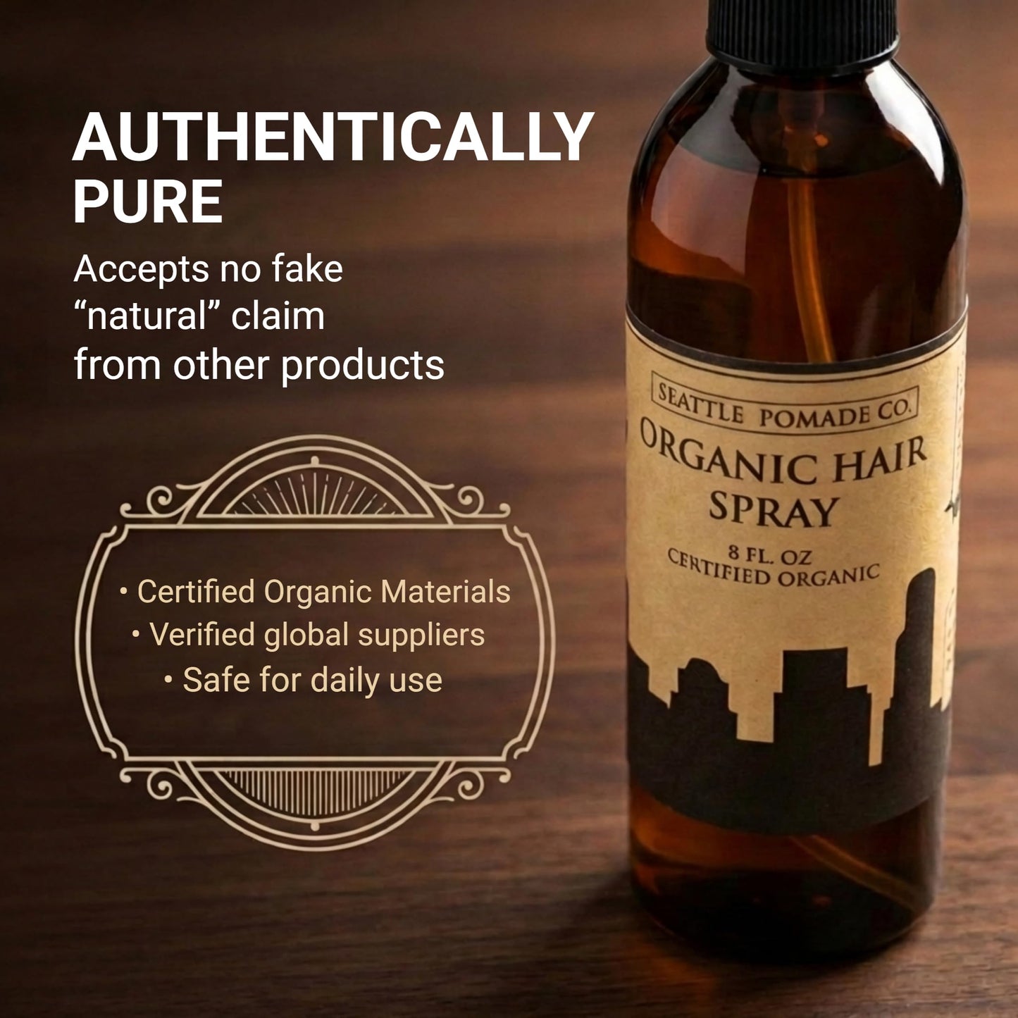Seattle Pomade Co. Certified Organic Hair Spray made with Organic Aloe and Acacia Fiber. Strengthens & Lightly Holds Hair. Globally sourced certified organic materials.