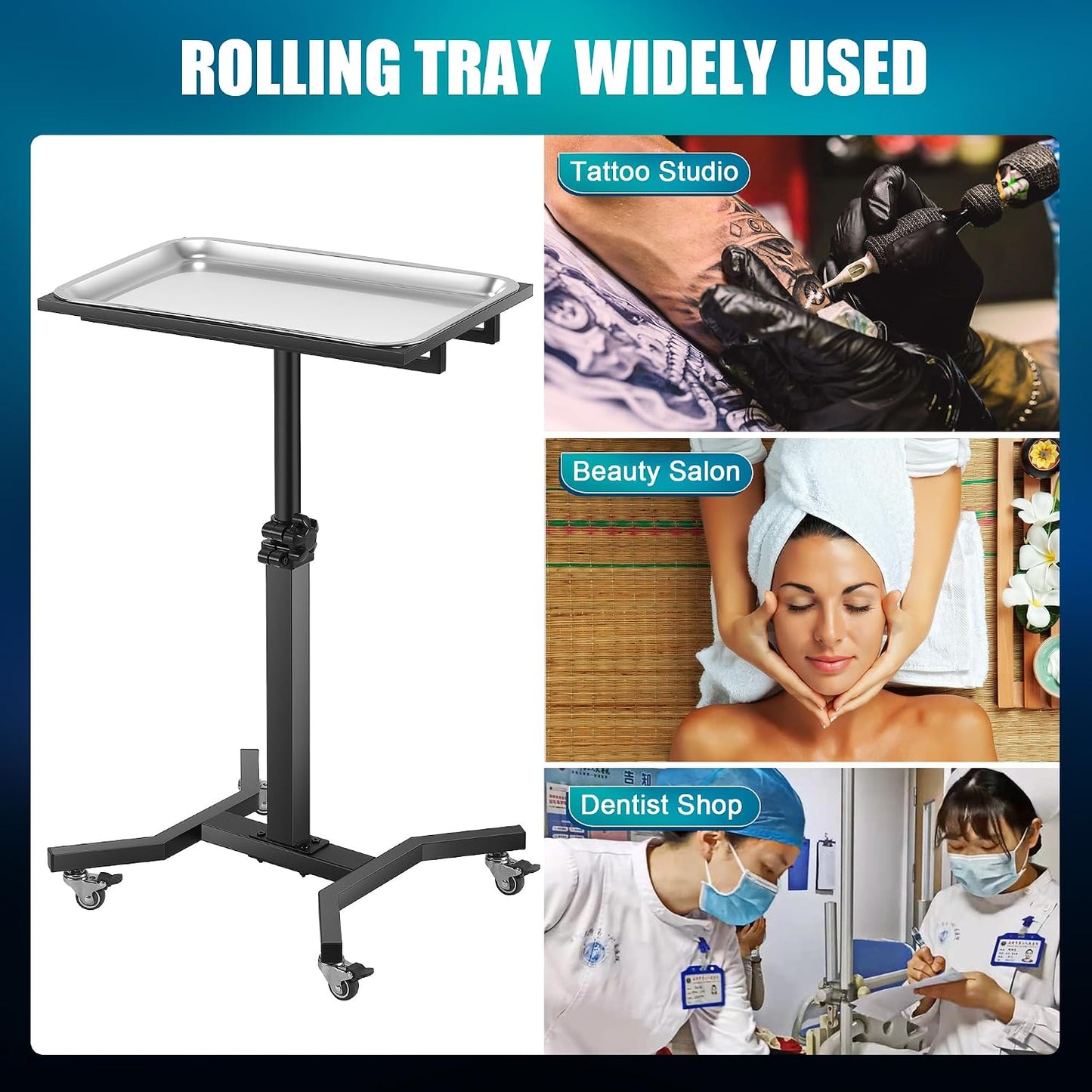 Adjustable Rolling Tattoo Tray Cart - Stainless Steel Workstation with Lockable Wheels | Mobile Trolley for Tattoo Studios & Barbershops