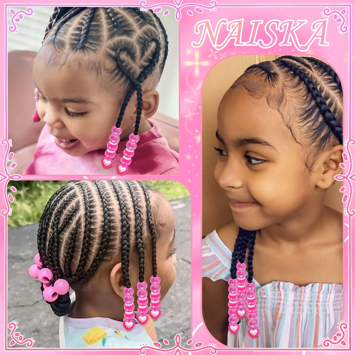 NAISKA 60PCS Hot Pink Heart Beads for Hair Round Beads for Braids Love Loc Dreadlock Jewelry Cute Kids Girls Valentine's Day Hair Braids Accessories