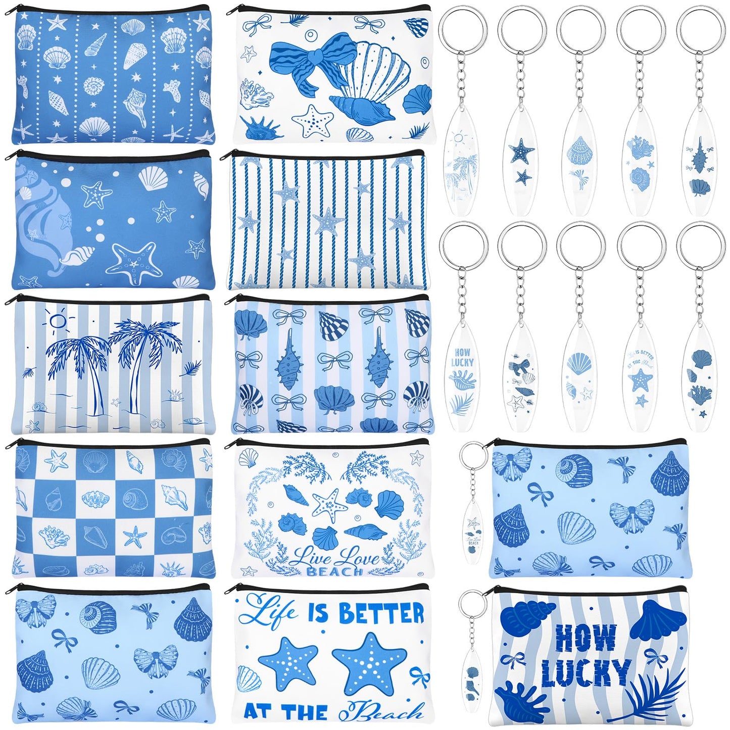 24 Pcs Ocean Themed Cosmetic Bags Bulk Gifts Include Blue Coastal Canvas Zipper Makeup Bags Ocean Keychain Starfish Seashell Portable Travel Toiletry Pouches for Girl Summer Beach Birthday Supplies