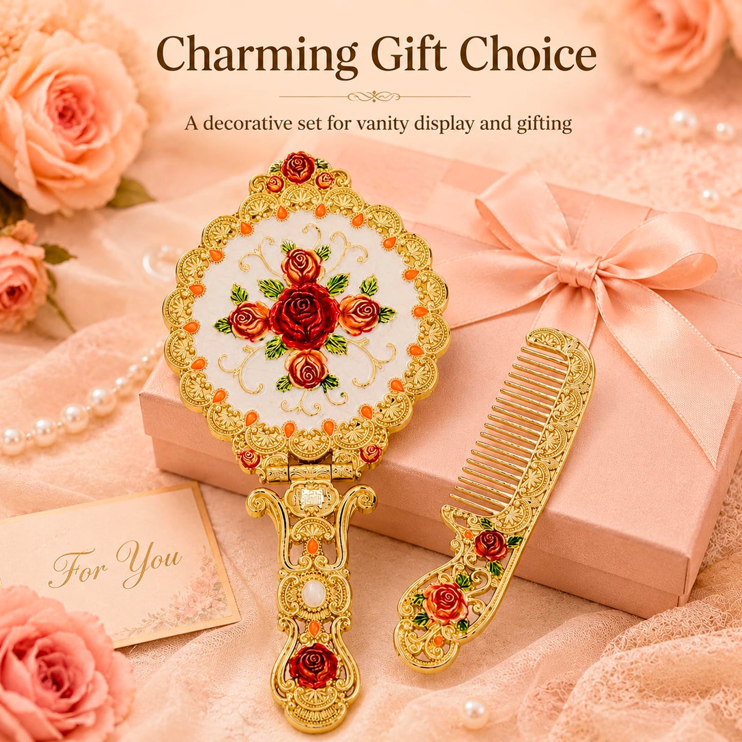 Vintage Hand Mirror Comb Set - Antique Vanity Handheld Makeup Mirror, Gold