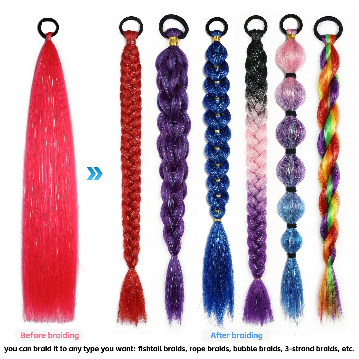 CenXRui Purple Hair Extensions with Tinsel, 26" Long Sparkly Ponytail Hair for Softball, Cheer & Spirit Week, Reusable Color Hair Extensions for Crazy Hair Day, 2 Pack (Purple)