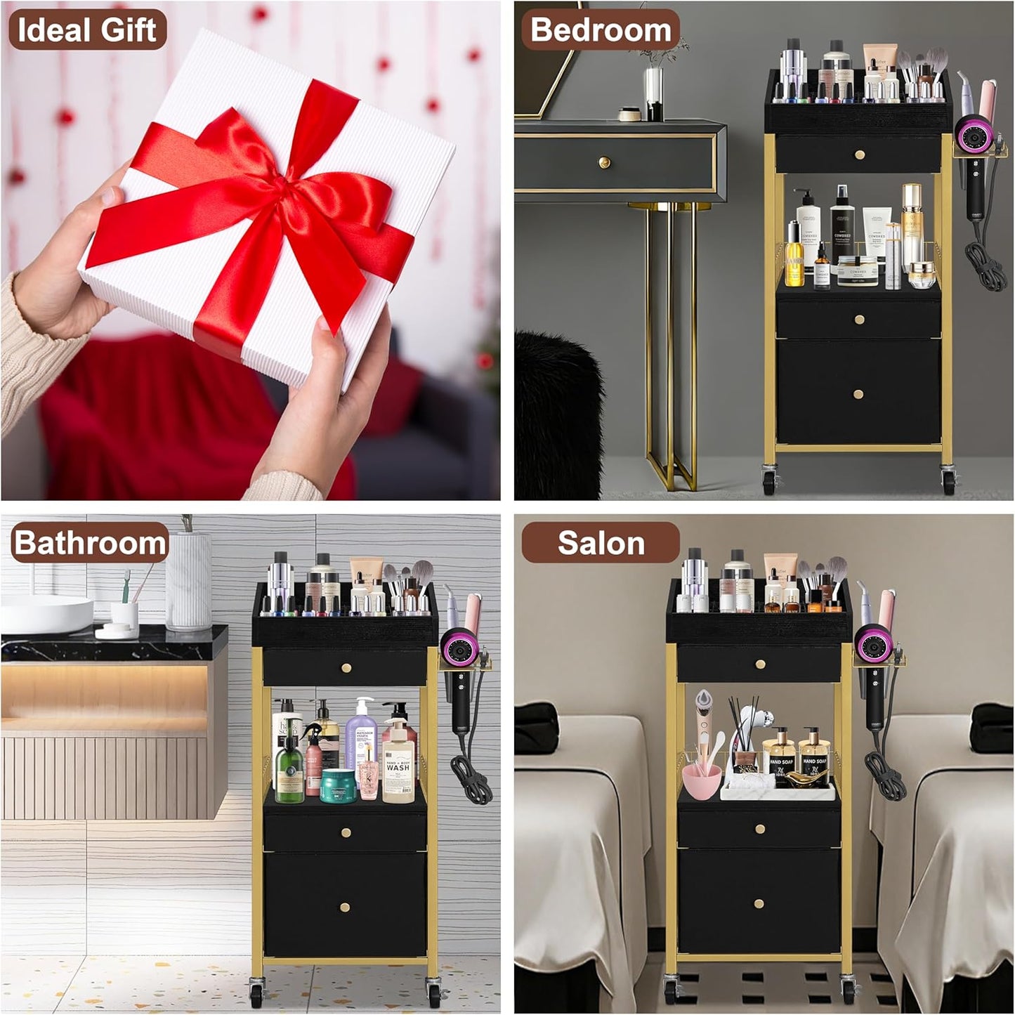 Makeup Organizer Cart - Rolling Vanity Storage with 3 Drawers & Detachable Hair Tool Holder | Gold & Black