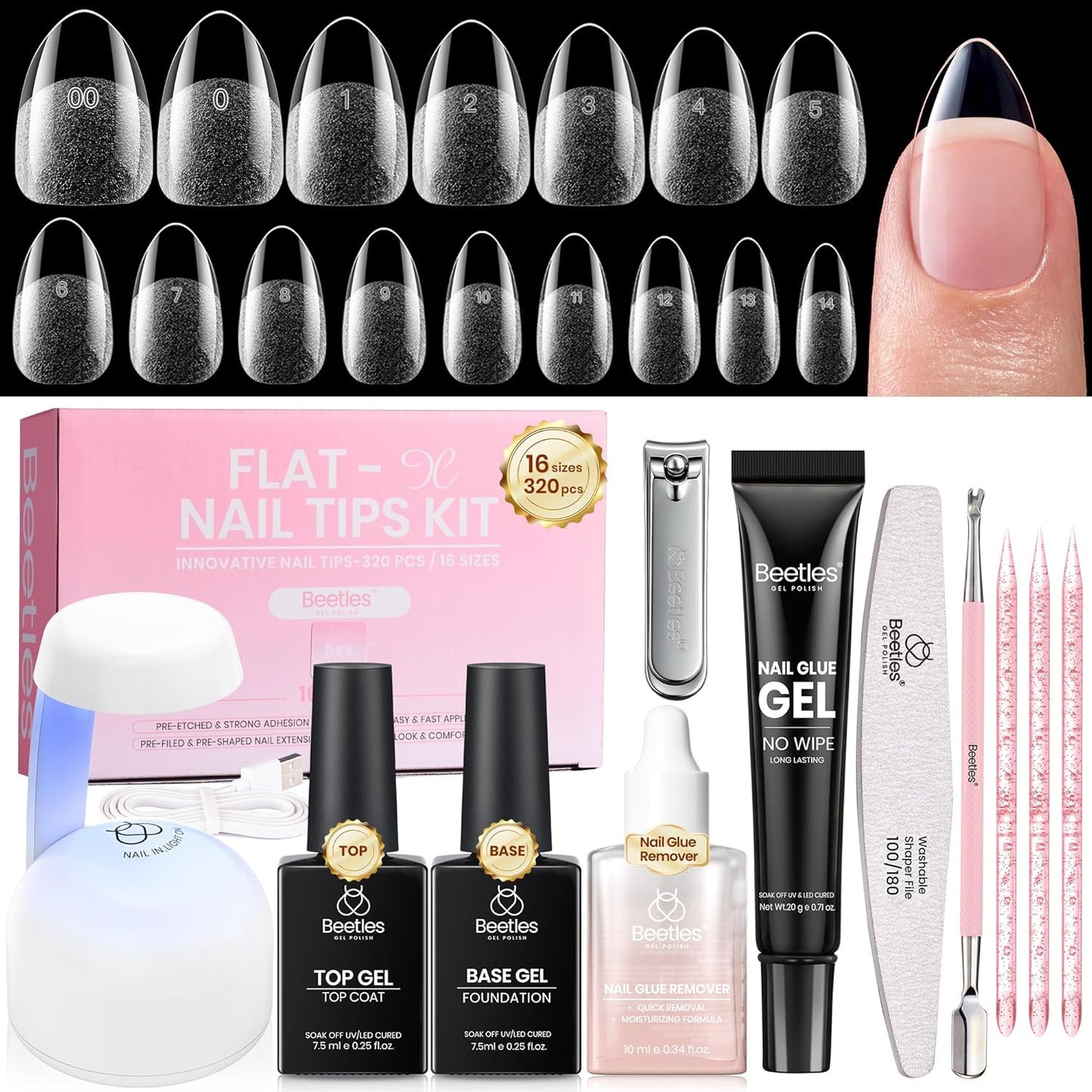 Beetles Gel Nail Kit - Almond Medium 320pcs Nail Tips & Mini Lamp | DIY Acrylic Press-On Nails at Home