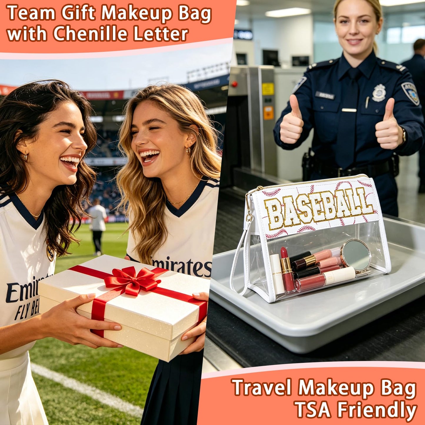 Baseball Mom Essentials Clear Stadium Bag 12x6x12 — STANDS UPRIGHT, NOT FLAT — 2.5" Deep Transparent Tote with Chenille Letters, Waterproof Baseball Game Day Bag for Team Snacks, Makeup & Travel