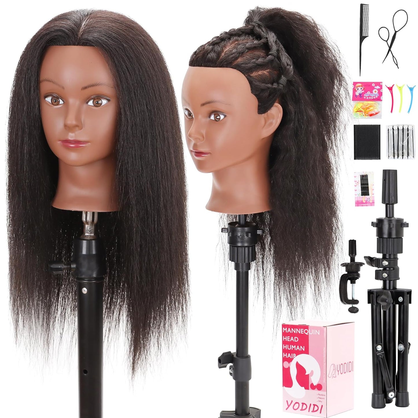 Mannequin Head with 100% Human Hair - Cosmetology Doll Head for Hair Styling | 14-Inch with Clamp & Tools