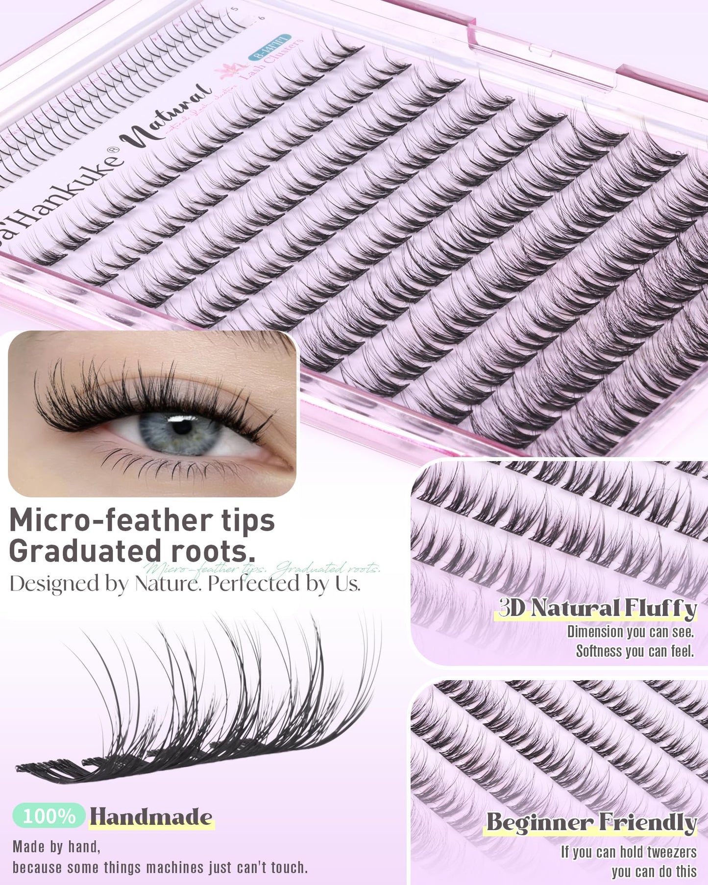 Natural Short Lash Clusters with Bottom Lash Clusters 8-14MM Wispy Eyelash Clusters C Curl Cluster Eyelash Extensions DIY Cluster Lashes for Clean Girl Daily Wear Individual Lashes with Thin Lash Band
