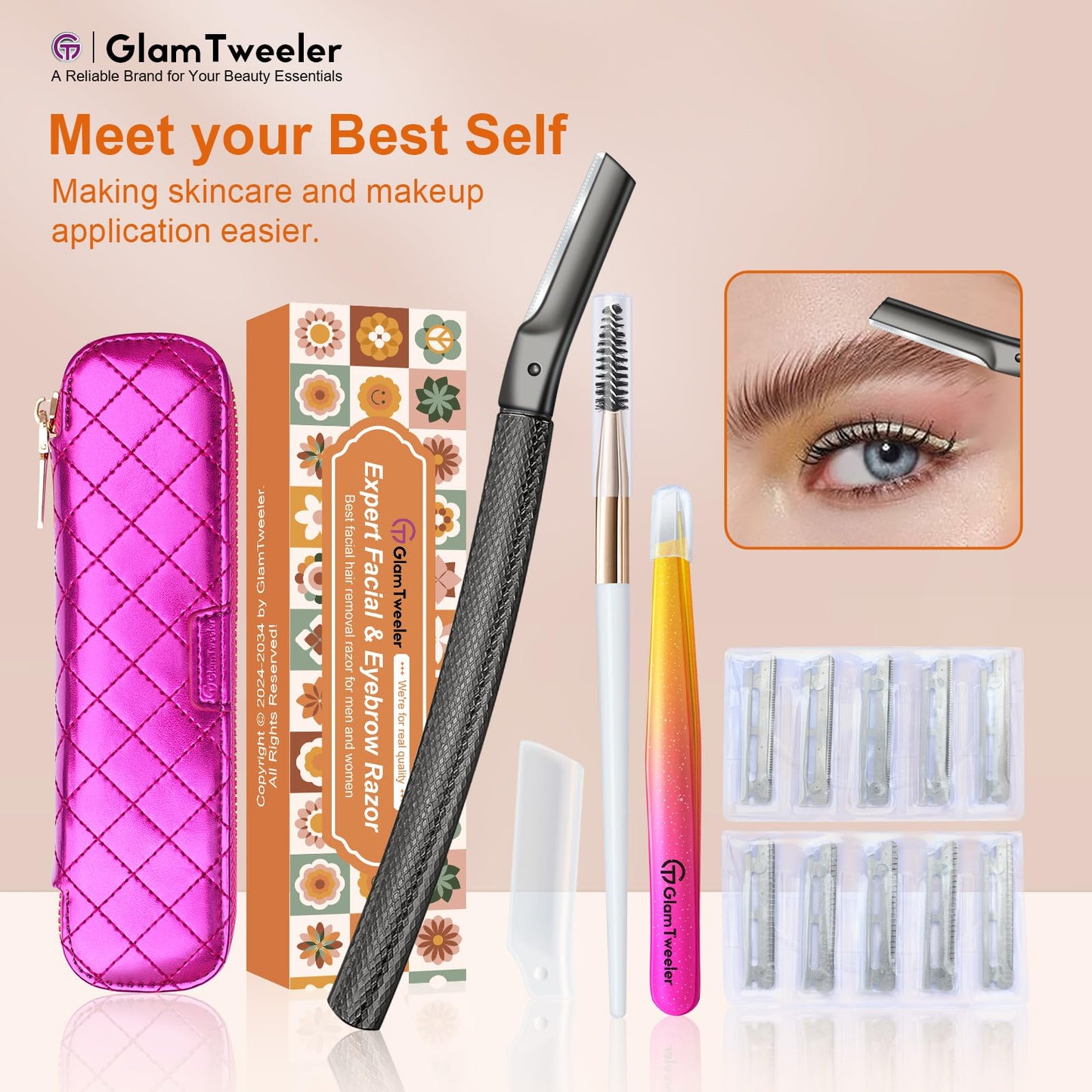Women's Dermaplane Face & Eyebrow Razor Kit with GlamTweeler Slant Tweezers, Spoolie Brush, and Luxury Leather Storage & Travel Case + 10 Refill Blades (Black)