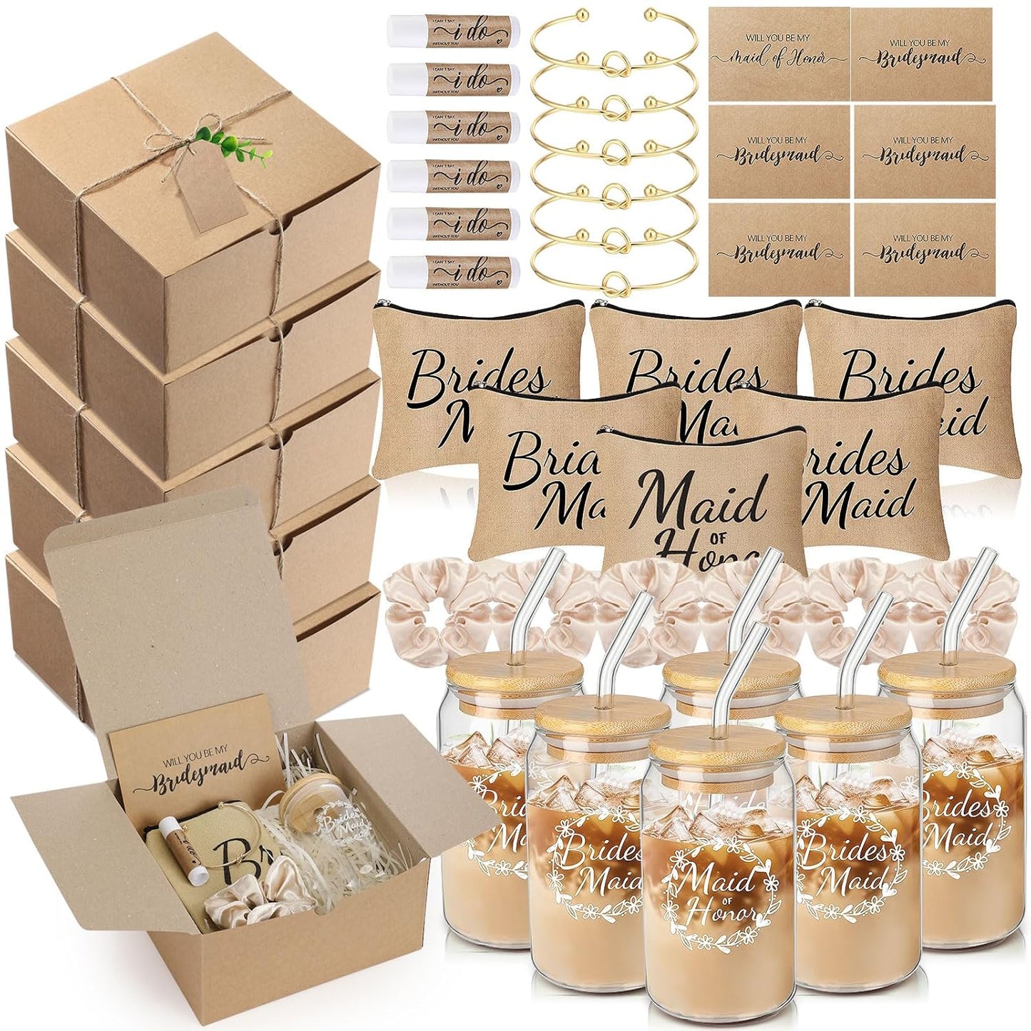 Bridesmaid Proposal Gifts - 54 Pcs Set with Makeup Bag, Glass Cup & Bracelet | Green & White