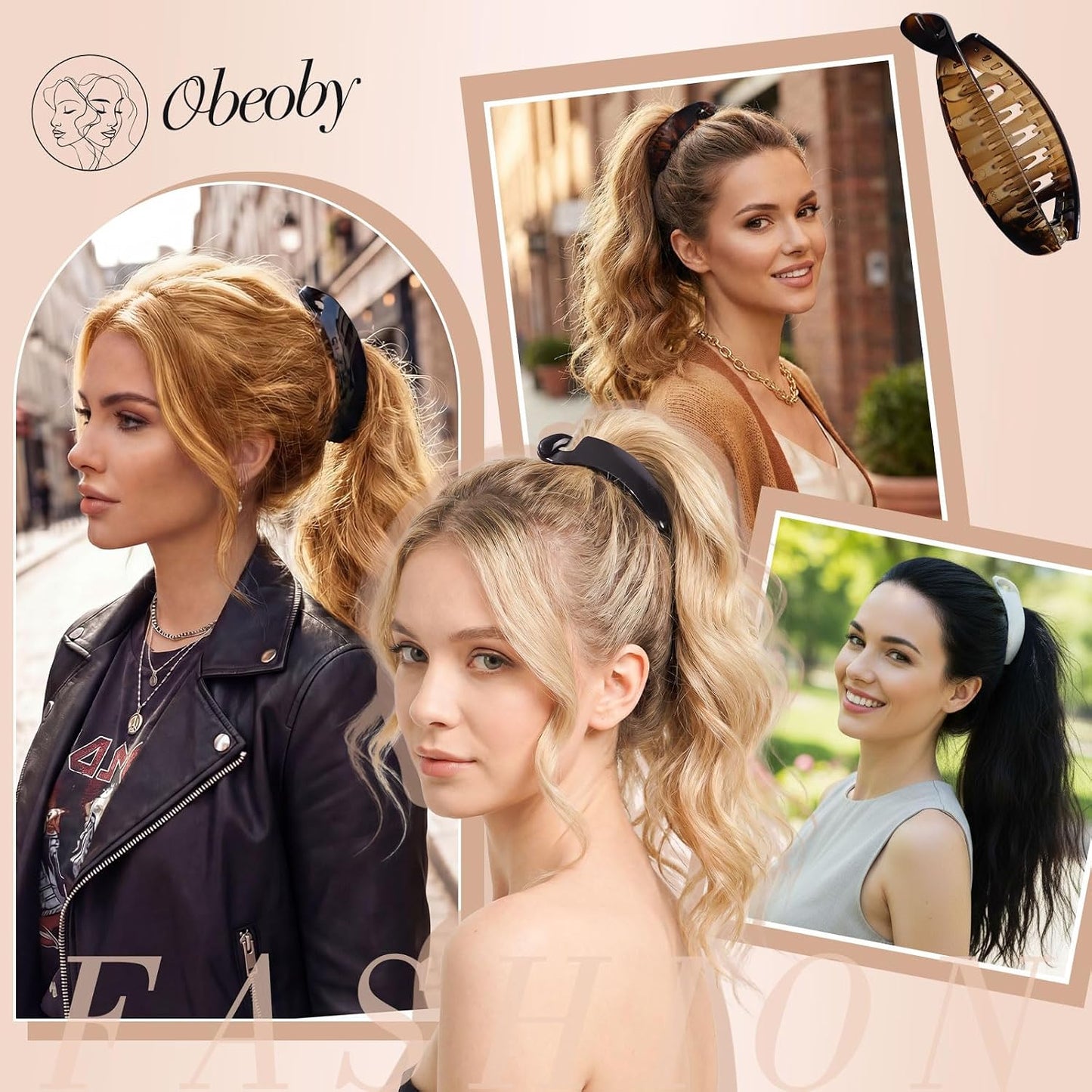 4 Pack Banana Hair Clips for Women - 4 Inch Durable Claw Clips | Retro 80s Style, Perfect for Thick Ponytails (Black, White, Brown)