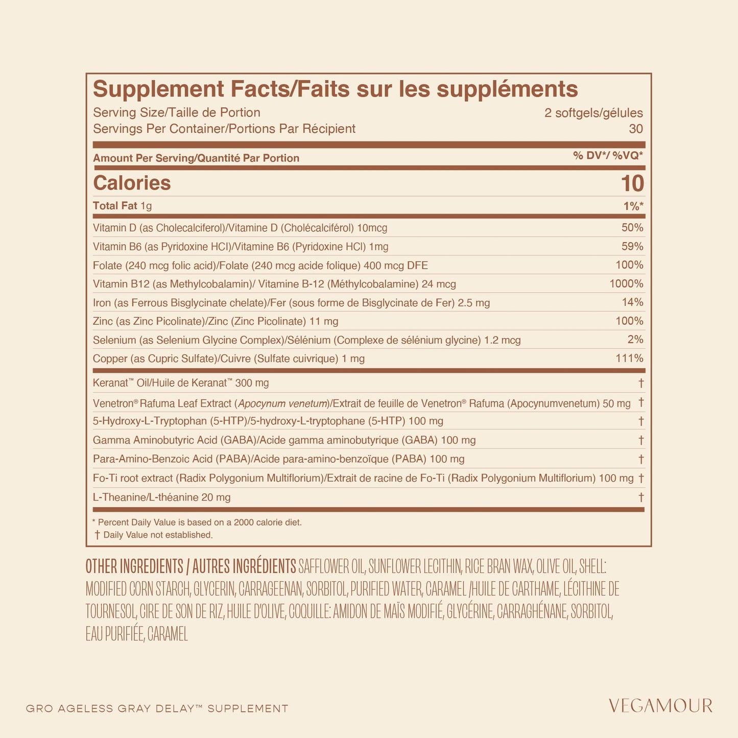 VEGAMOUR GRO Ageless Gray Delay Hair Supplement - Hair Vitamins with B Vitamins, Folic Acid, Selenium, Copper, Iron, Vitamin D, GABA, 5-HTP & L-Theanine, 60 Count