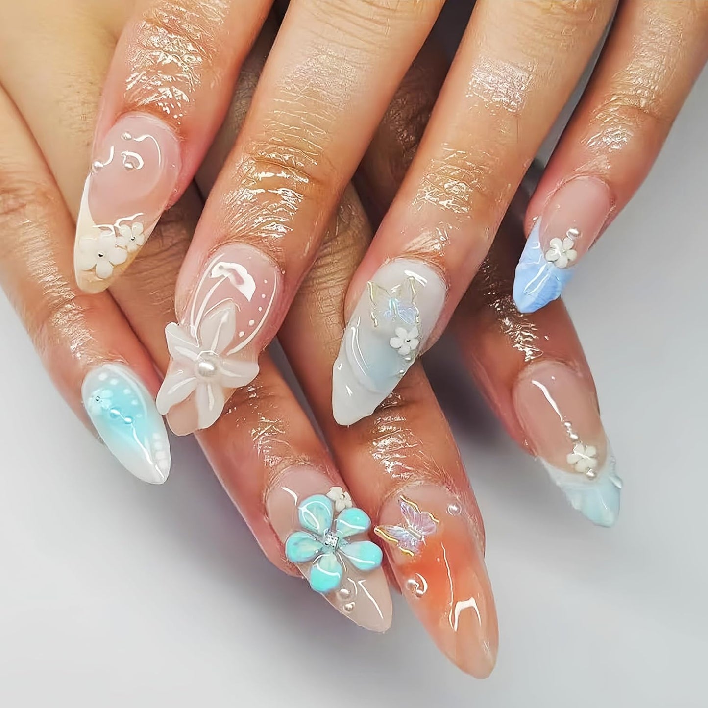 3D Handmade Press-On Nails - Summer Starfish & Flower Design | Medium Almond Full Cover Set