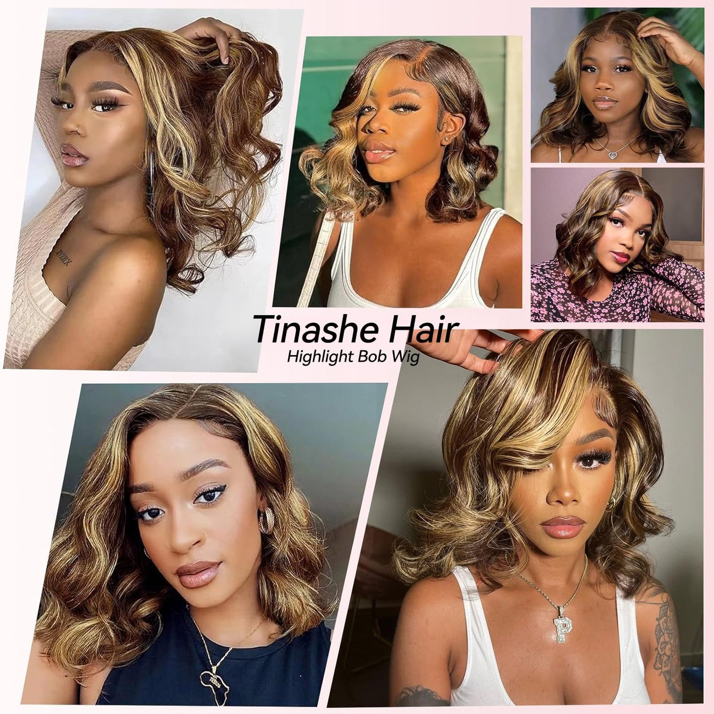 Tinashe 14Inch Wear and Go Glueless Bob Wig Human Hair Highlight Bob Wig Human Hair Honey Blonde 5x6 Body Wave Wigs for Beginners Glueless Short Bob Wig(14inch,P4/27 Loose Body Bob Wig)