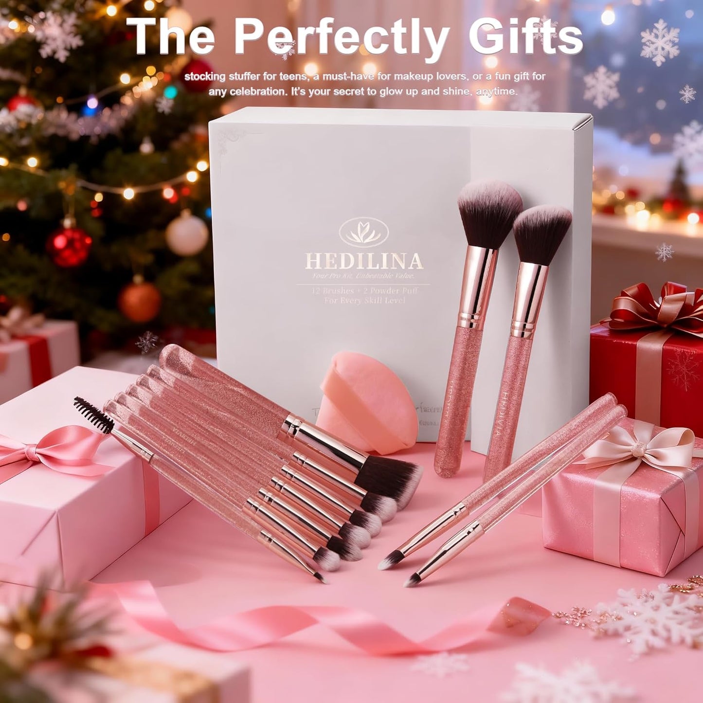 Professional Pink Makeup Brushes Set - 14 Pcs Synthetic Foundation, Concealer & Eyeshadow Brushes | Includes 2 Powder Puffs & Dual-Ended Mask Applicator