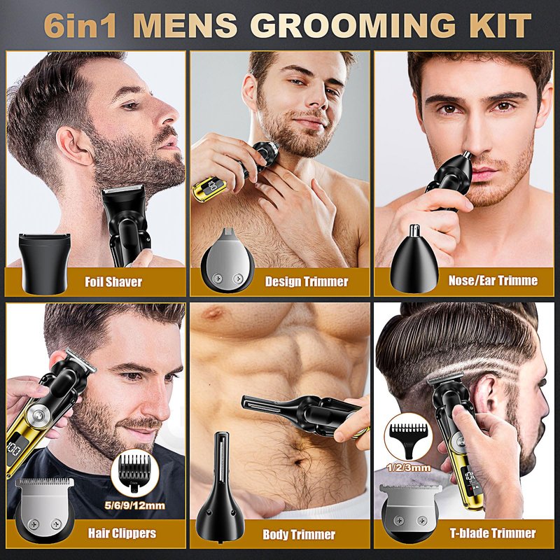 6-in-1 Hair Clipper Beard Trimmer for Men, IPX6 Waterproof Electric Shaver Razor&Cordless Hair Clipper Grooming Kit Hair Trimmer for Nose, Body, Face and Mustache, Gifts for Men
