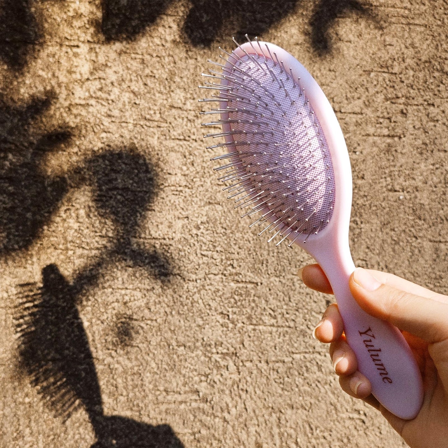 Yulume Air Cushion Paddle Brush, Round-Tip Steel Pins for Scalp Massage, Pain-Free Detangling for Wet & Dry, Curly & Thick Hair, Anti-Static, Bonus Tail Comb & Clip, Pink
