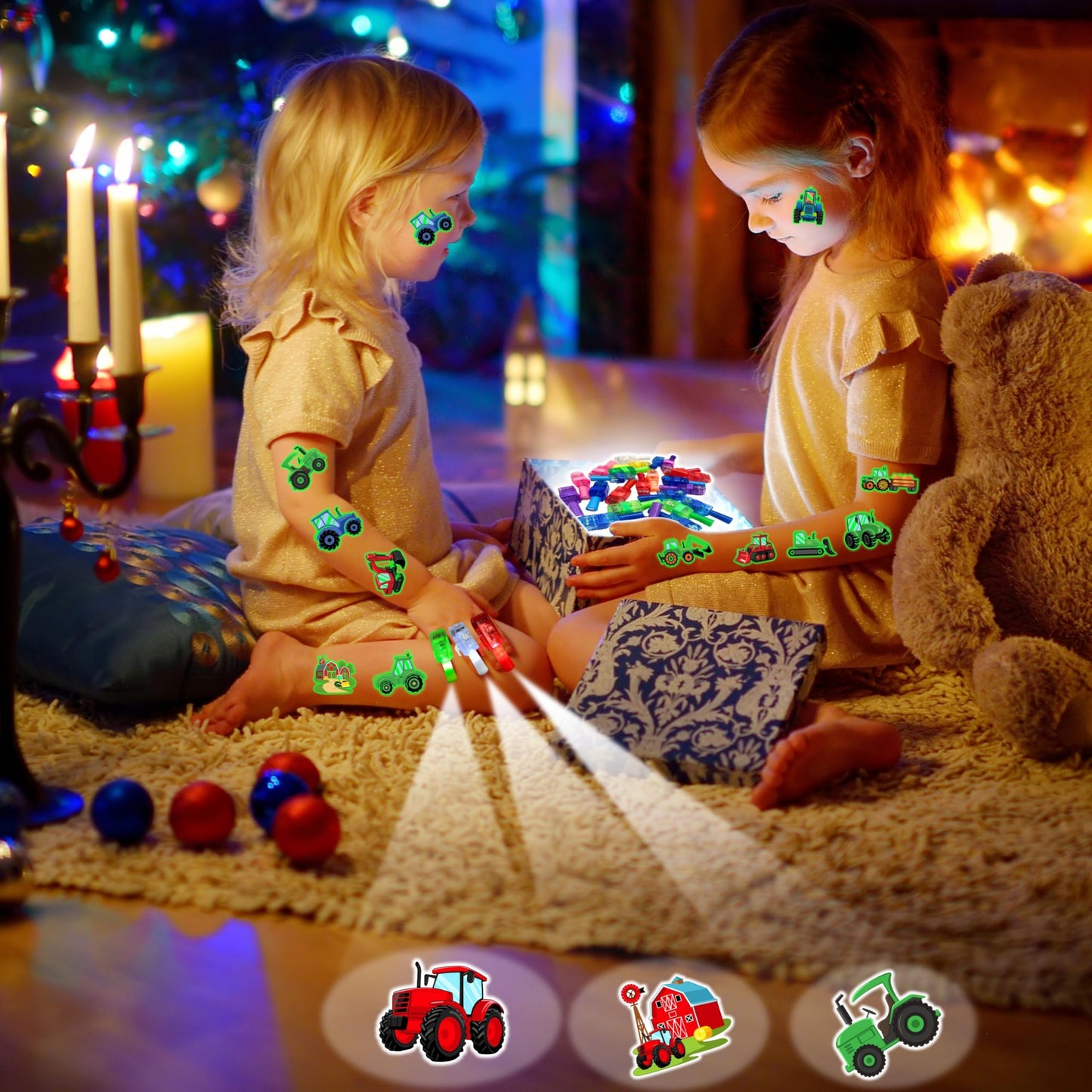 72 PCS Tractor Party Favors β 48 PCS Luminous Tattoos & 24 PCS LED Finger Lights Combo β Birthday Goodie Bag Fillers, Party Supplies, Gifts Light Up Toys Glow In The Dark for Boys and Girls