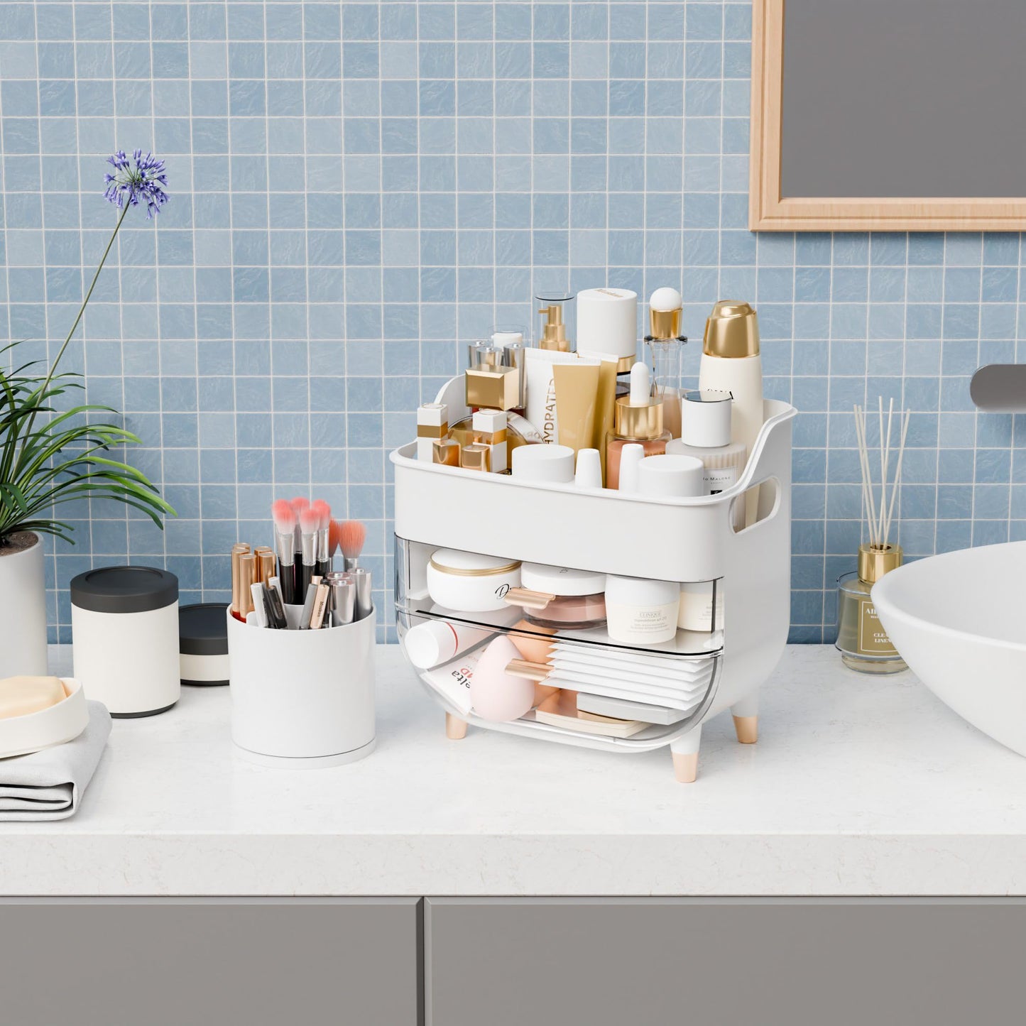 Yieach White Make up Organizers for Counter,Vanity and Dresser,Bathroom Makeup Organizer Countertop,Large Makeup Storage Organizer for Hair Tool,Beauty Products,Skin Care and Cosmetic Display Cases