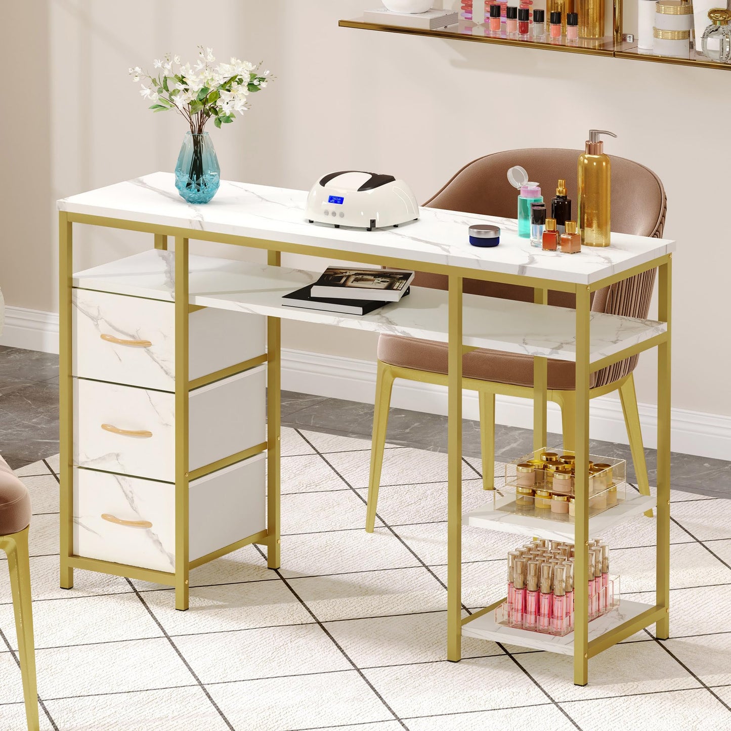 DWVO Nail Desk, Manicure Table, Marbling Texture Manicure Station with 3 Drawers, Nail Tech Desk for Beauty Salon Spa (White)