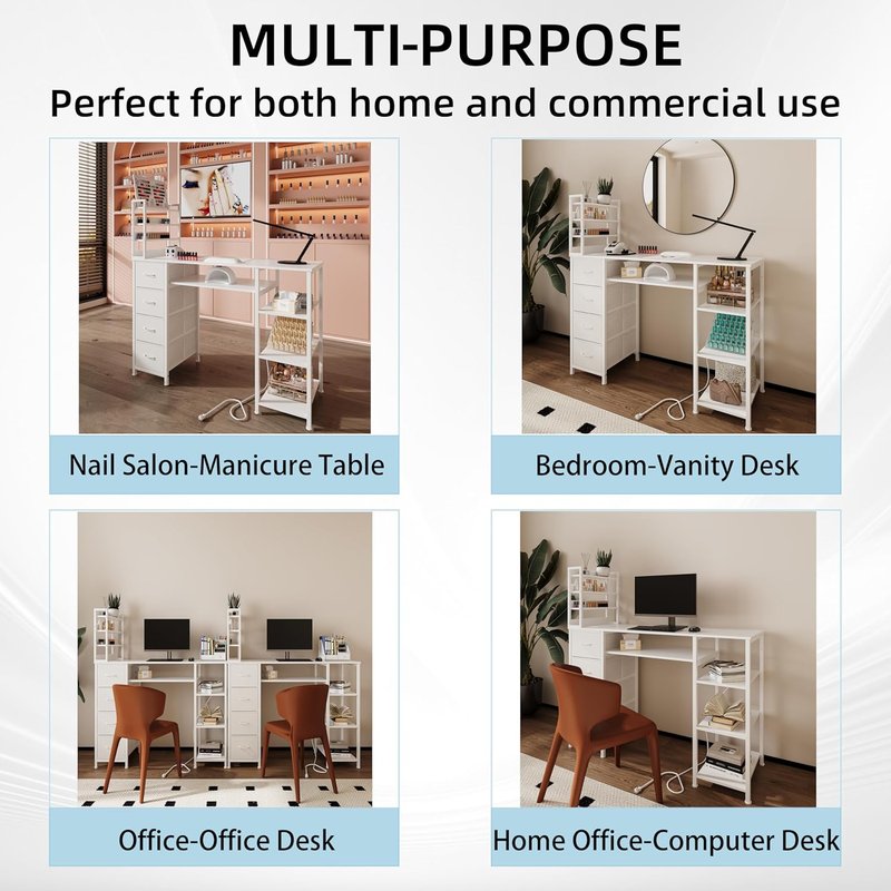 Manicure Table - Nail Desk with Drawers & Power Outlet | Beauty Workstation for Home & Salon (White)