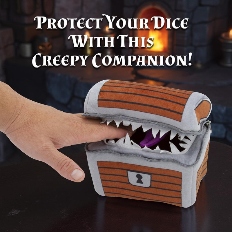 CASEMATIX Mimic Dice Chest and DND Dice Case with 7 Included RPG Dice - 6.5" Mimic Chest Dice Bag with Zipper Closure and Carabiner for 150 Dice, Protective Novelty Dice Holder for Tabletop Dice