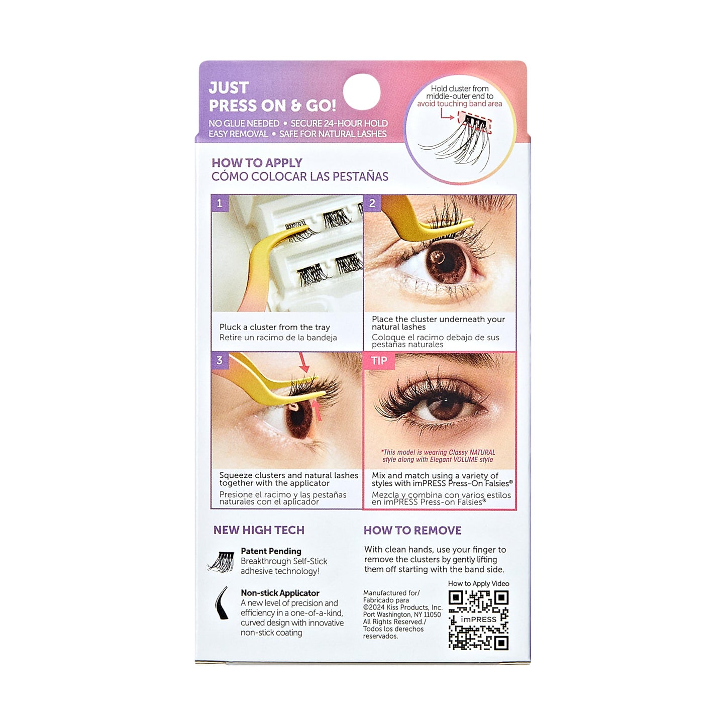 Kiss Impress Falsies Press On Self Adhesive Eyelashes, 12mm - 14mm Glam Volume Press On Lashes, Black, No Glue Needed, Invisible Band, 12 Lash Clusters - Lavish