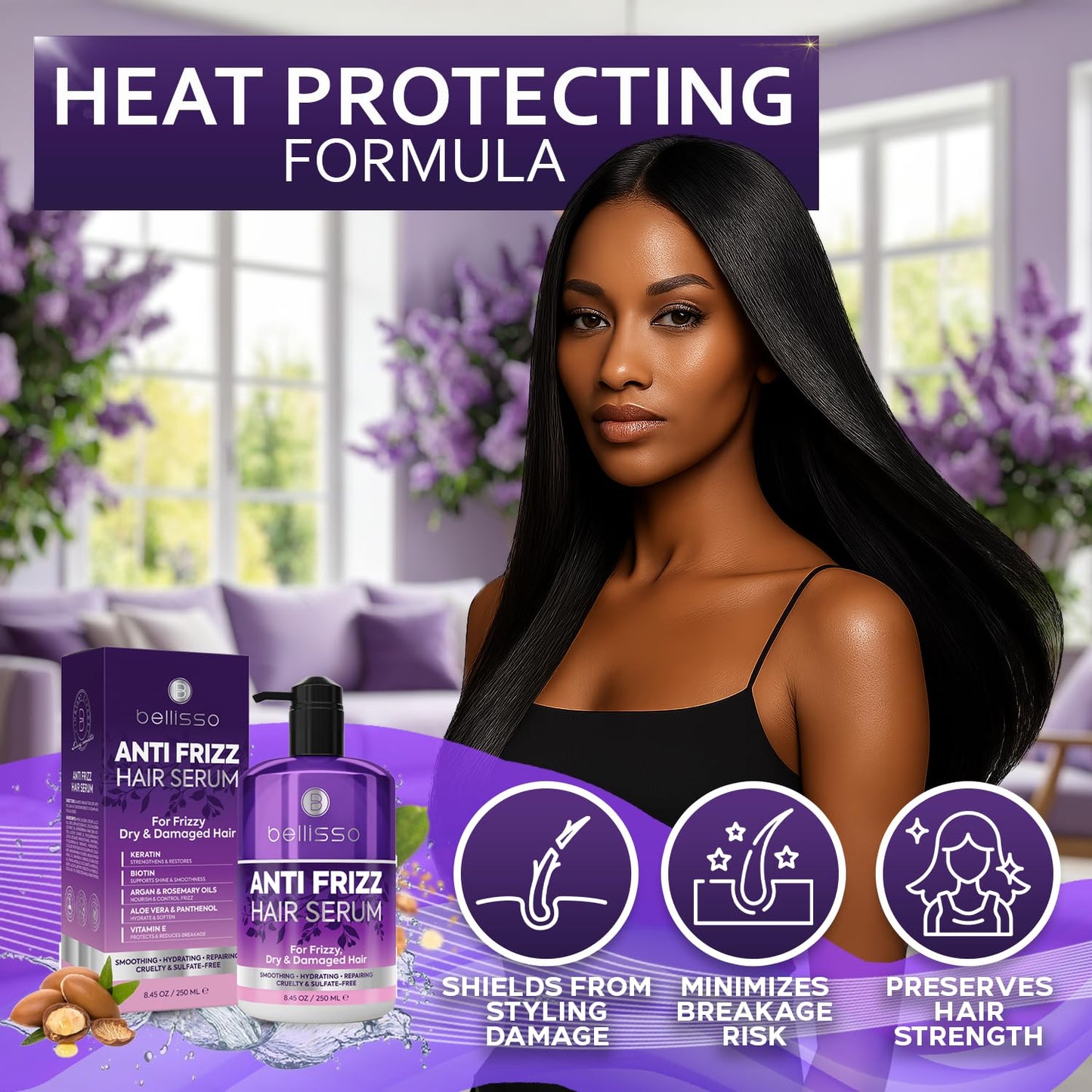 BELLISSO Anti Frizz Hair Serum for Frizzy and Damaged Hair - Humidity Treatment Control - Styling and Smoothing Products for Women and Men - 8.45 Fl Oz