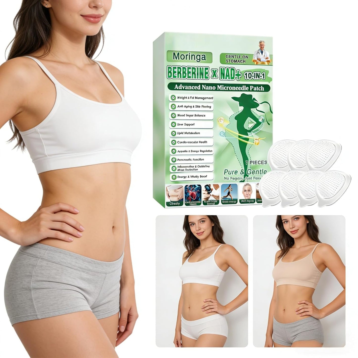 Moringa Berberine Patches - 10-in-1 Nano Microdarts Herbal Body Patch for All Skin Types | Unisex