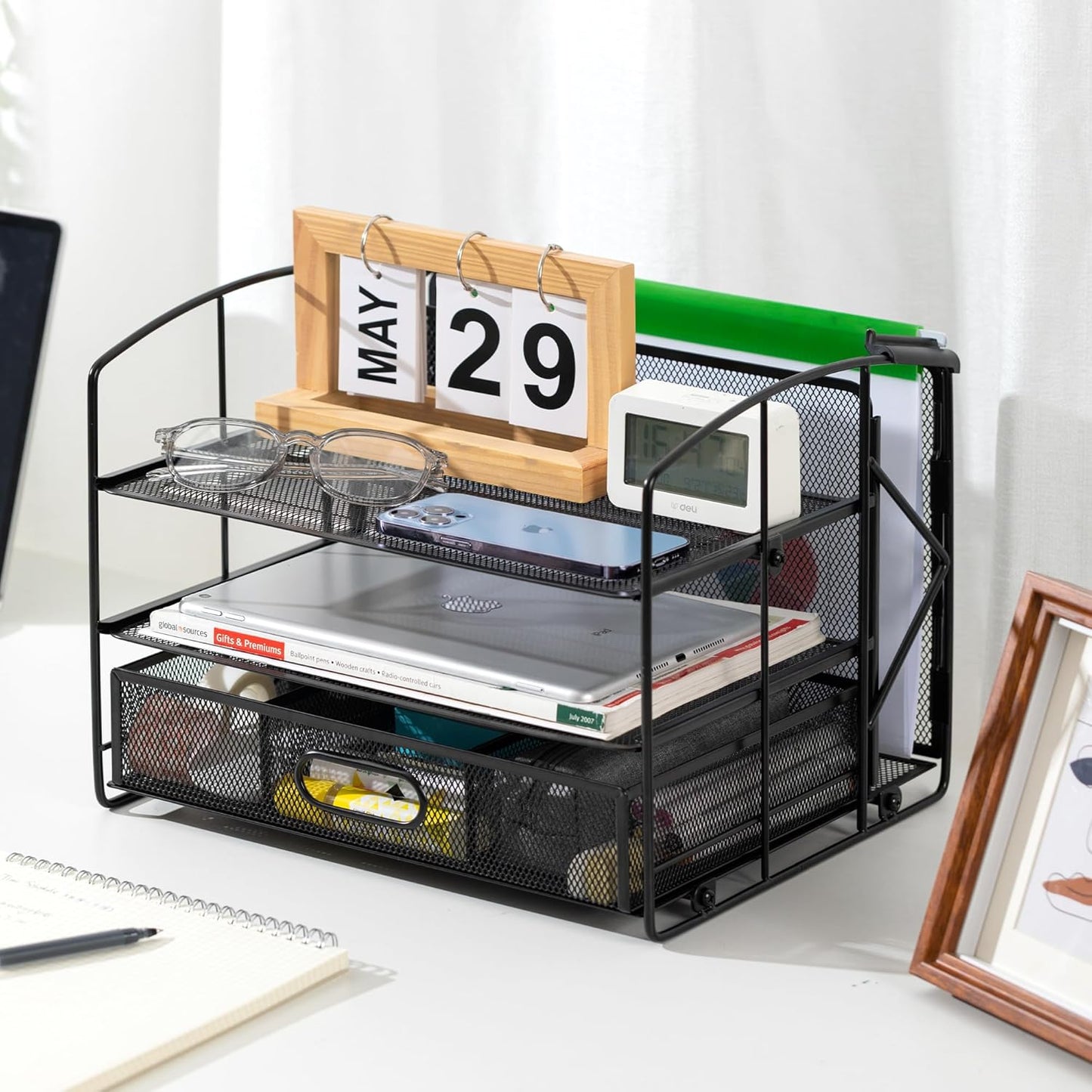 Sturdy Rectangular Desktop Organizer - 3 Trays, Sliding Drawer & File Holder | Black Office Supply Storage