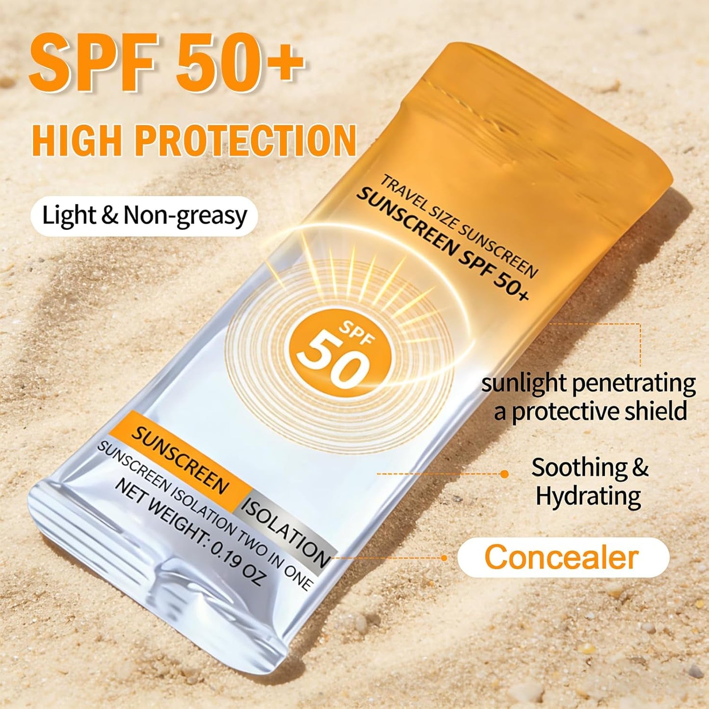 Travel Size Sunscreen SPF 50+ - 50 Pcs Mini Non-Greasy Sunscreen for Face & Body | 0.19 OZ Each